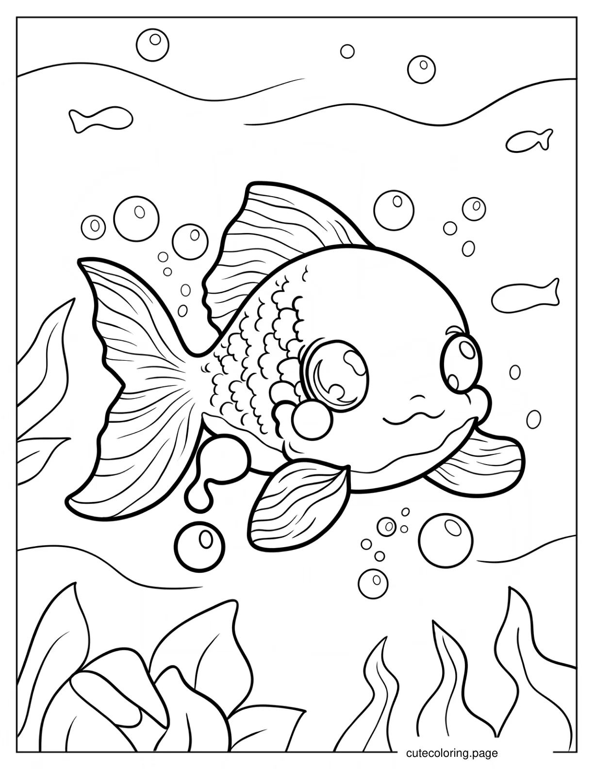 Kawaii Baby Goldfish With Bubbles Coloring Sheet For Preschoolers coloring page