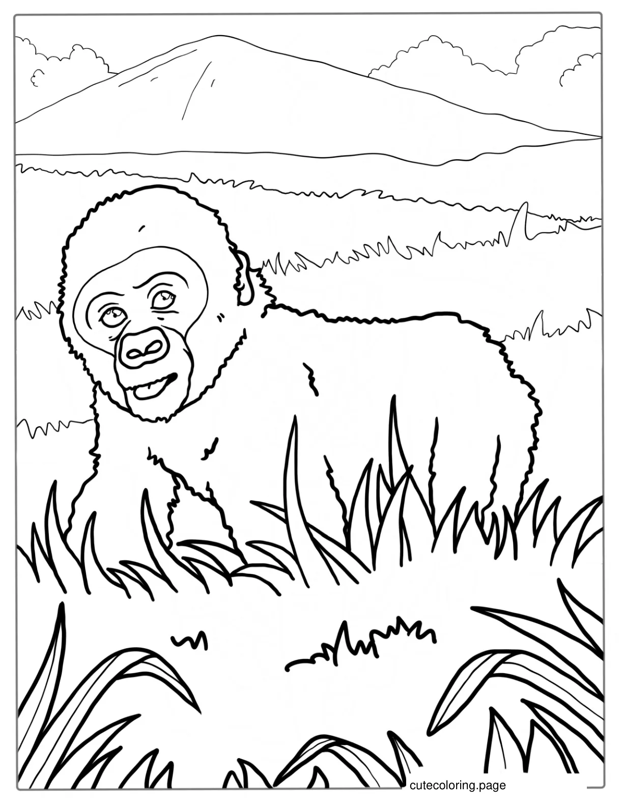 Cute Baby Gorilla Walking In Long Grass coloring page