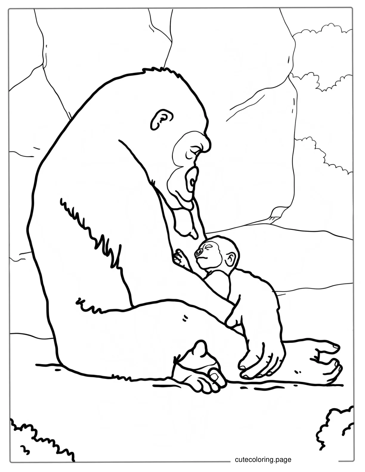 Silverback Gorilla Holding Baby Coloring Sheet coloring page