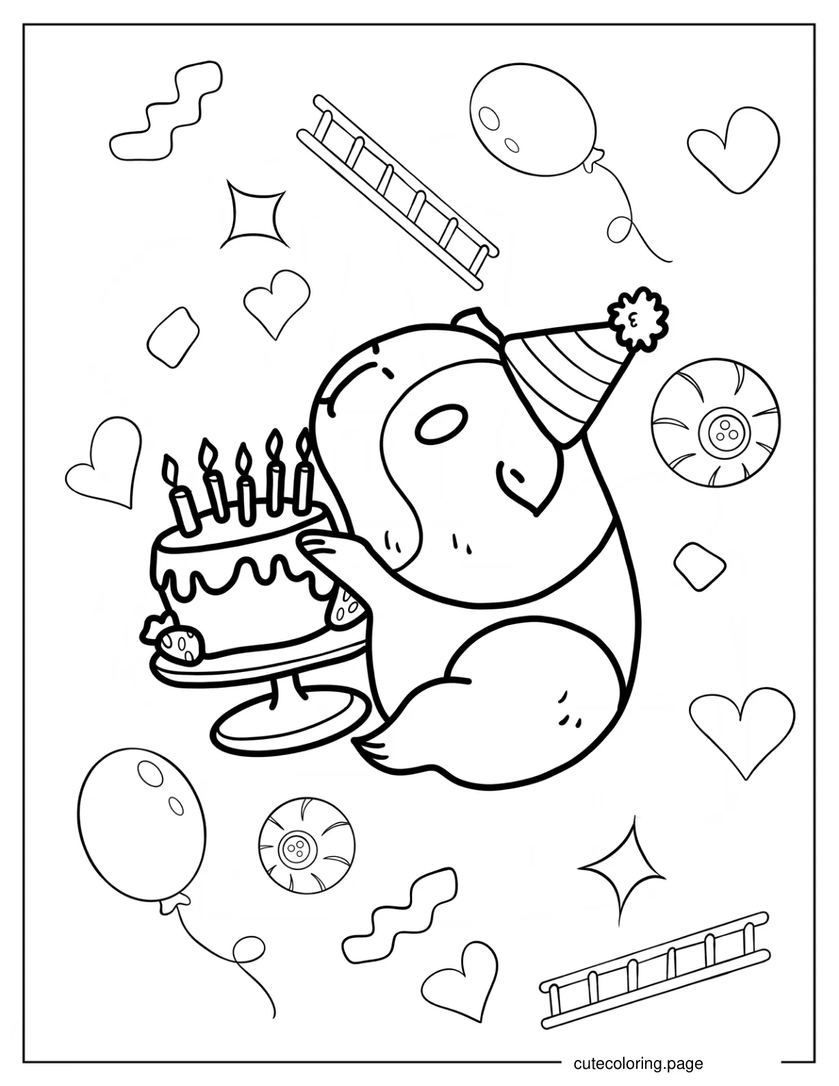 Chibi Guinea Pig In Party Hat Holding A Birthday Cake coloring page