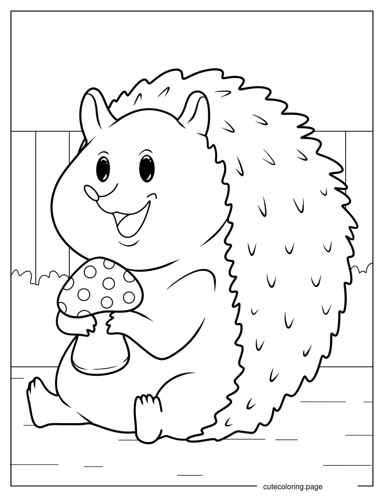 Baby Hedgehog Hugging Mushroom Coloring Sheet For Preschoolers coloring page