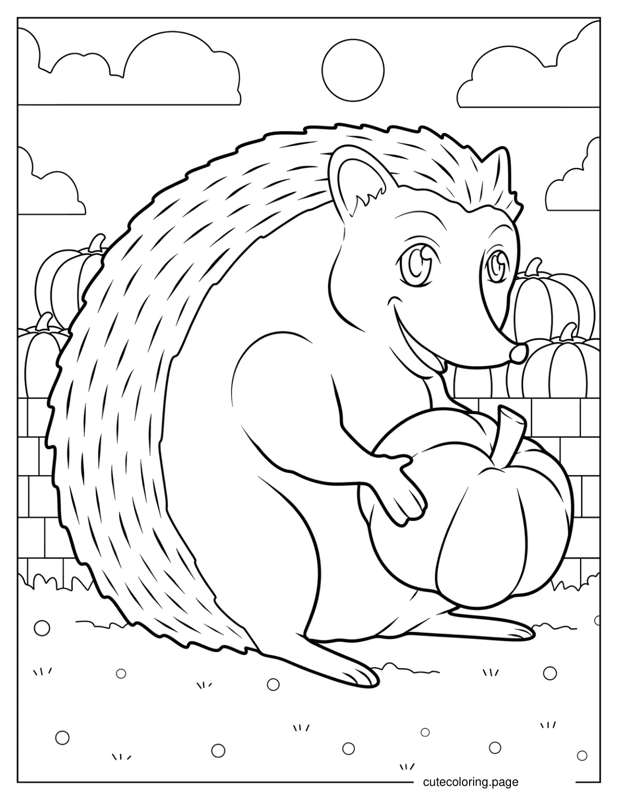 Cartoon Hedgehog Holding Pumpkin Coloring Sheet coloring page