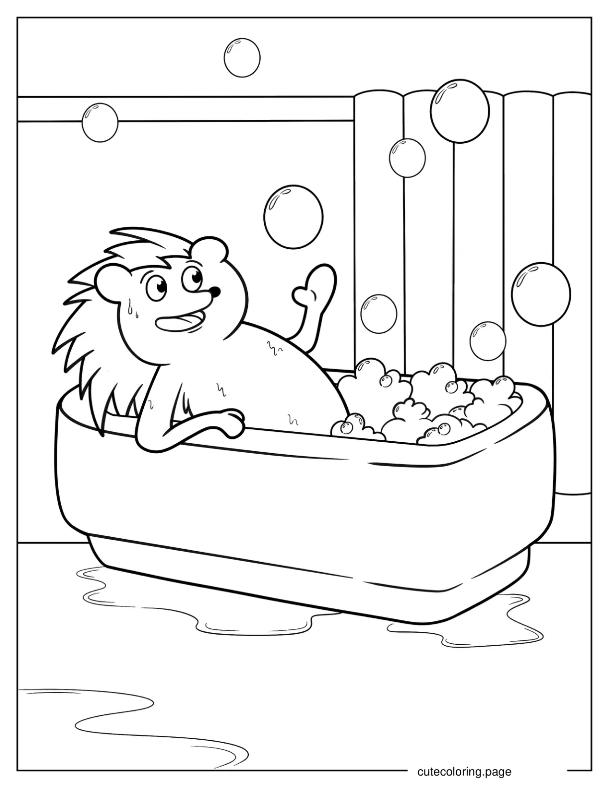 Cartoon Hedgehog Taking Bubble Bath coloring page