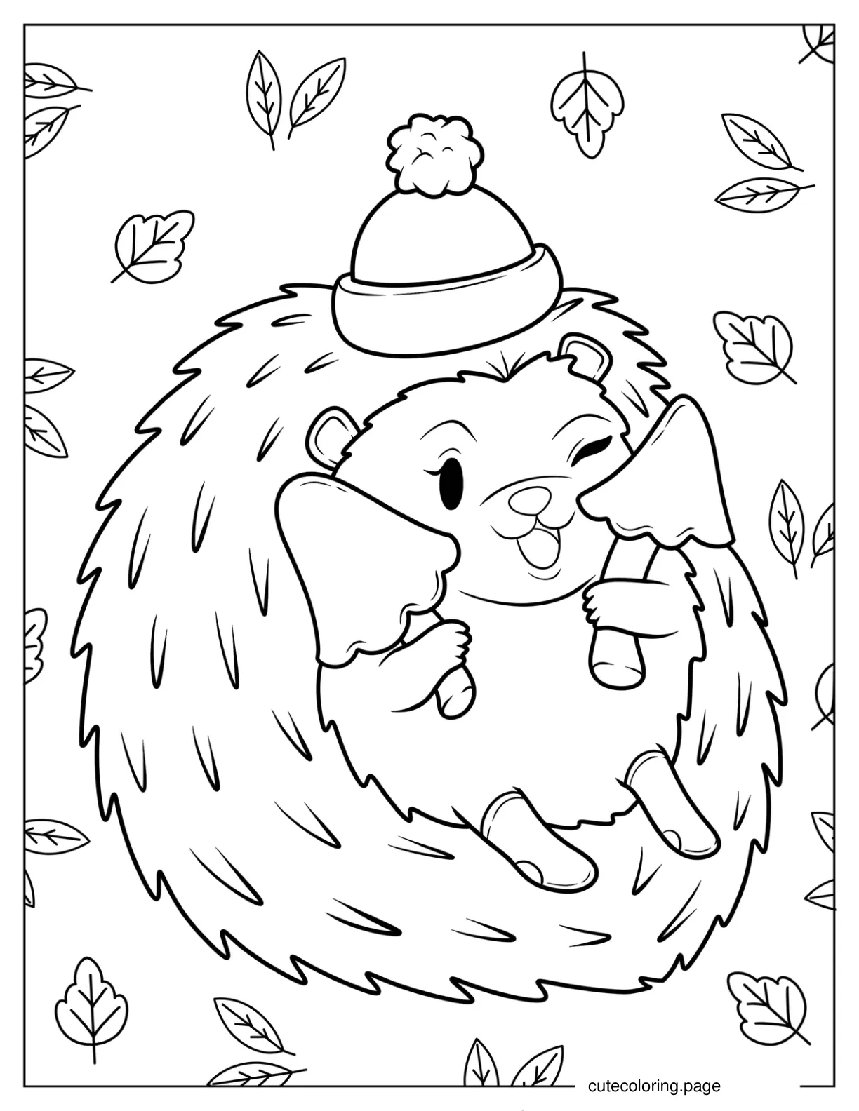 Cute Hedgehog In Hat Enjoying Mushrooms coloring page