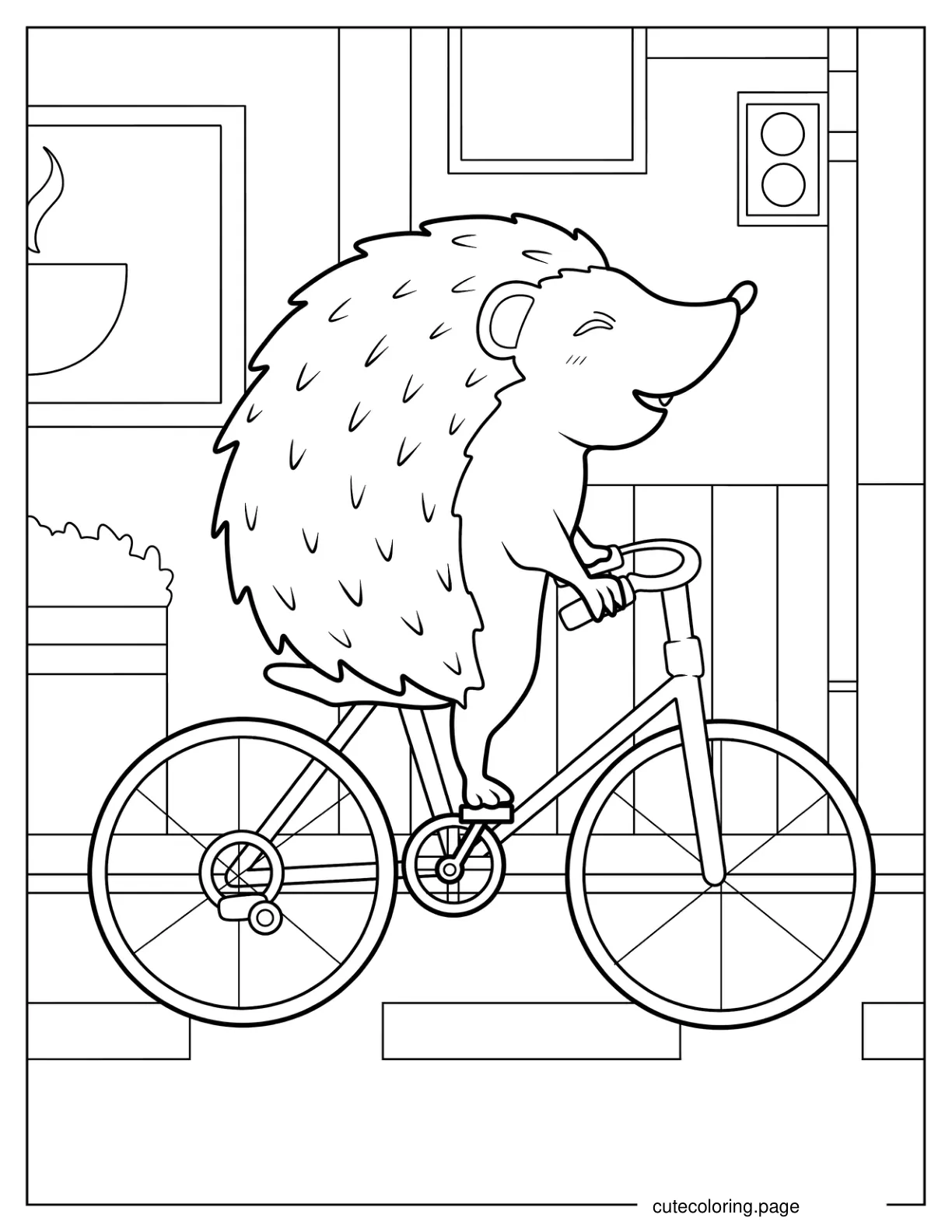 Hedgehog Riding Bicycle Coloring Sheet coloring page