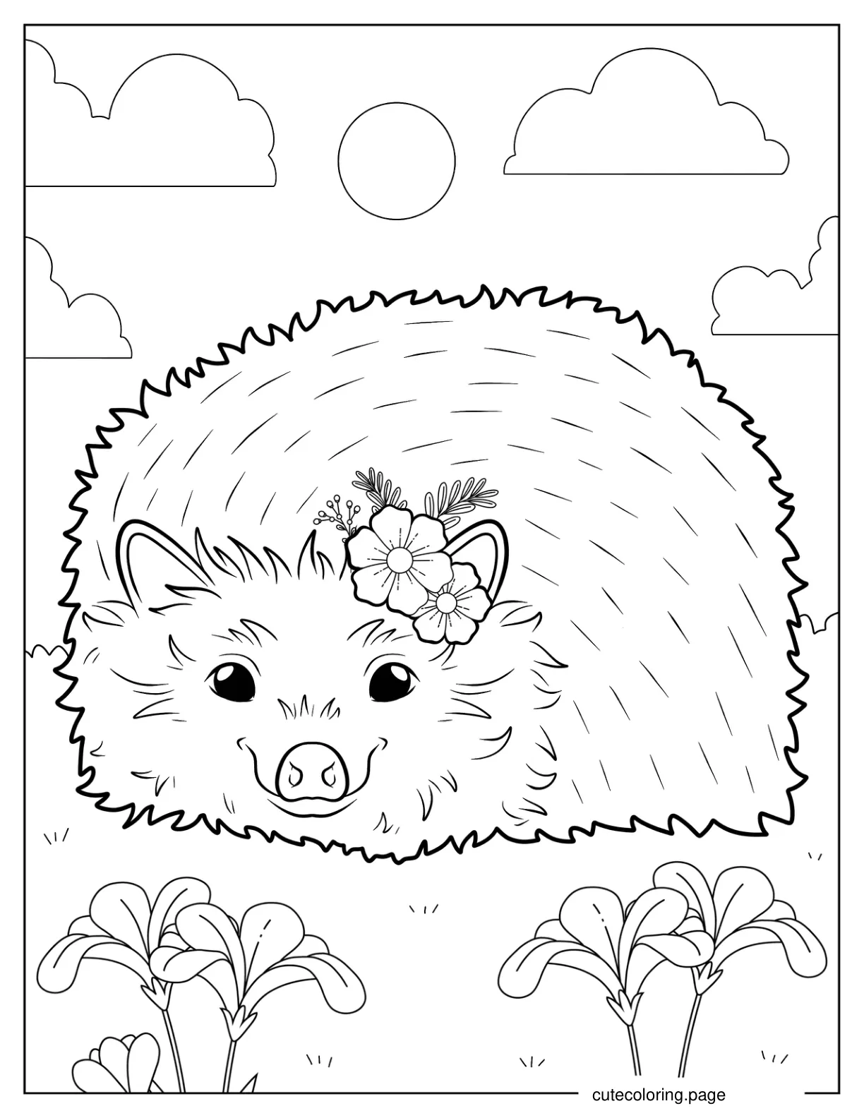 Hedgehog With Flowers On Head coloring page