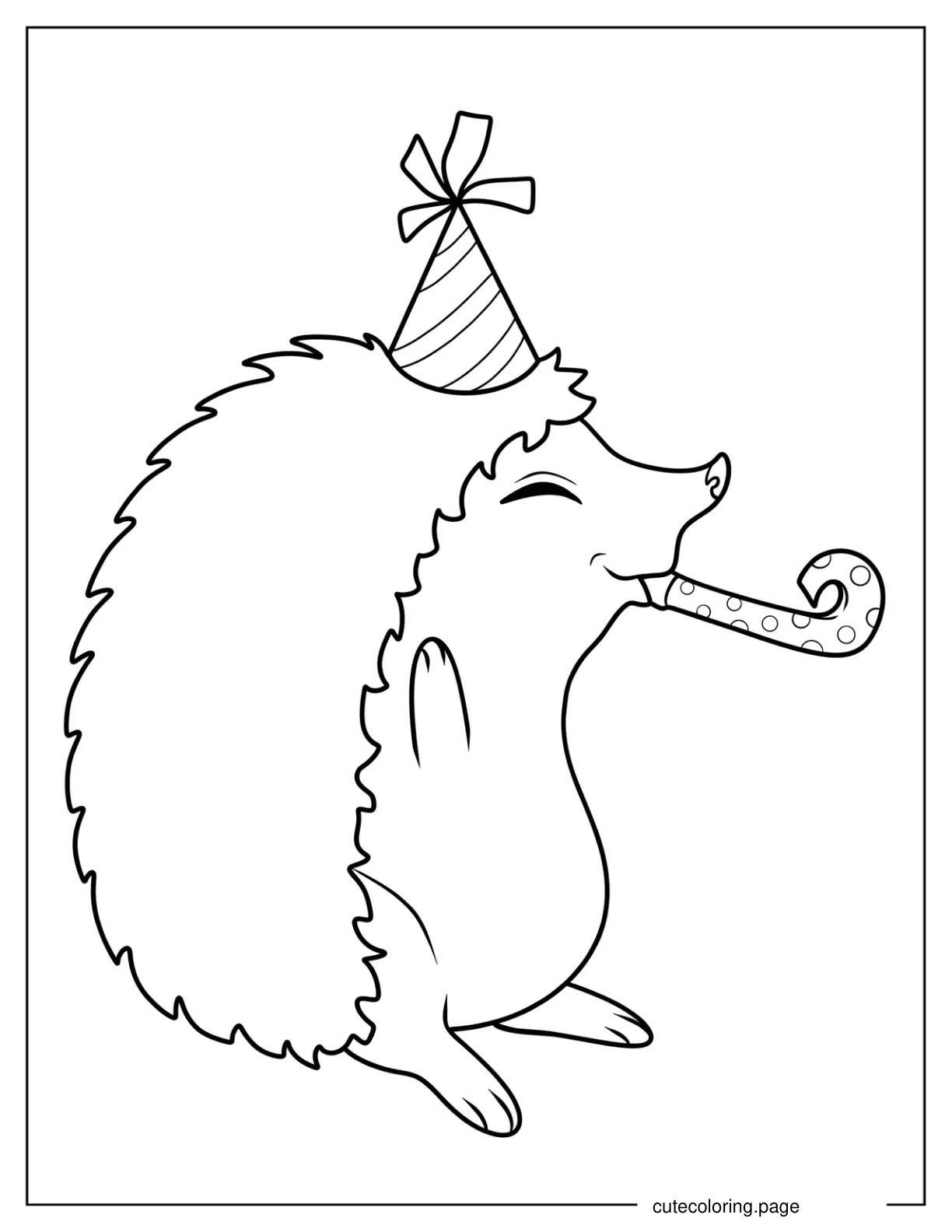 Hedgehog With Party Hat And Horn Coloring Page For Kids coloring page