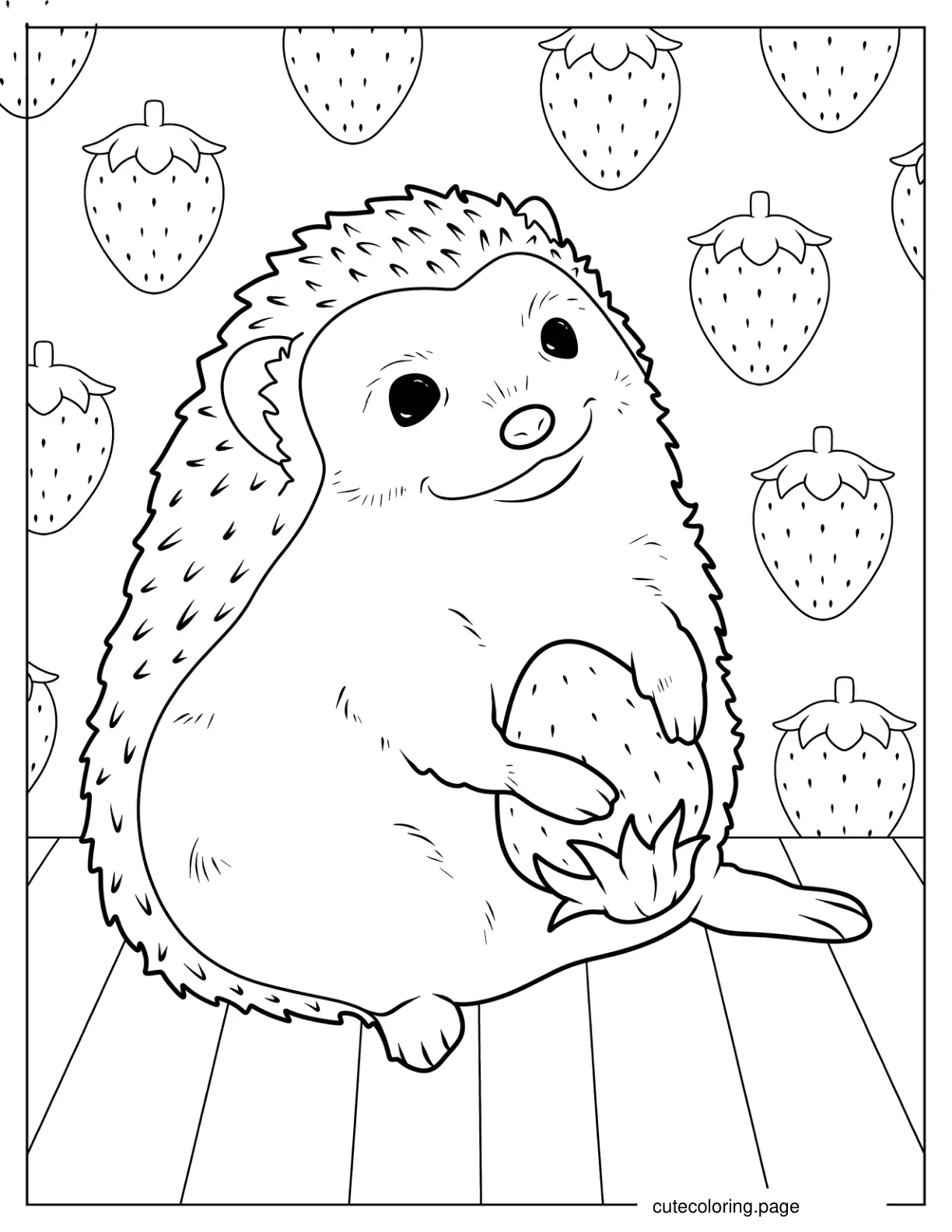 Smiling Hedgehog Holding Strawberry Coloring Sheet coloring page