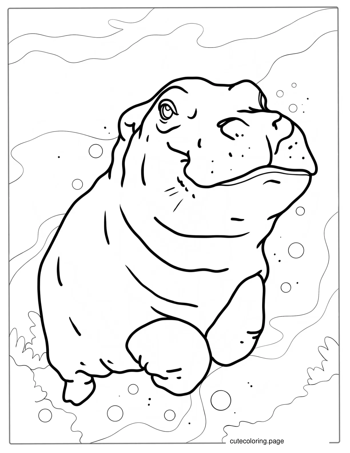 Coloring Page Of a Baby Hippo Swimming Underwater coloring page