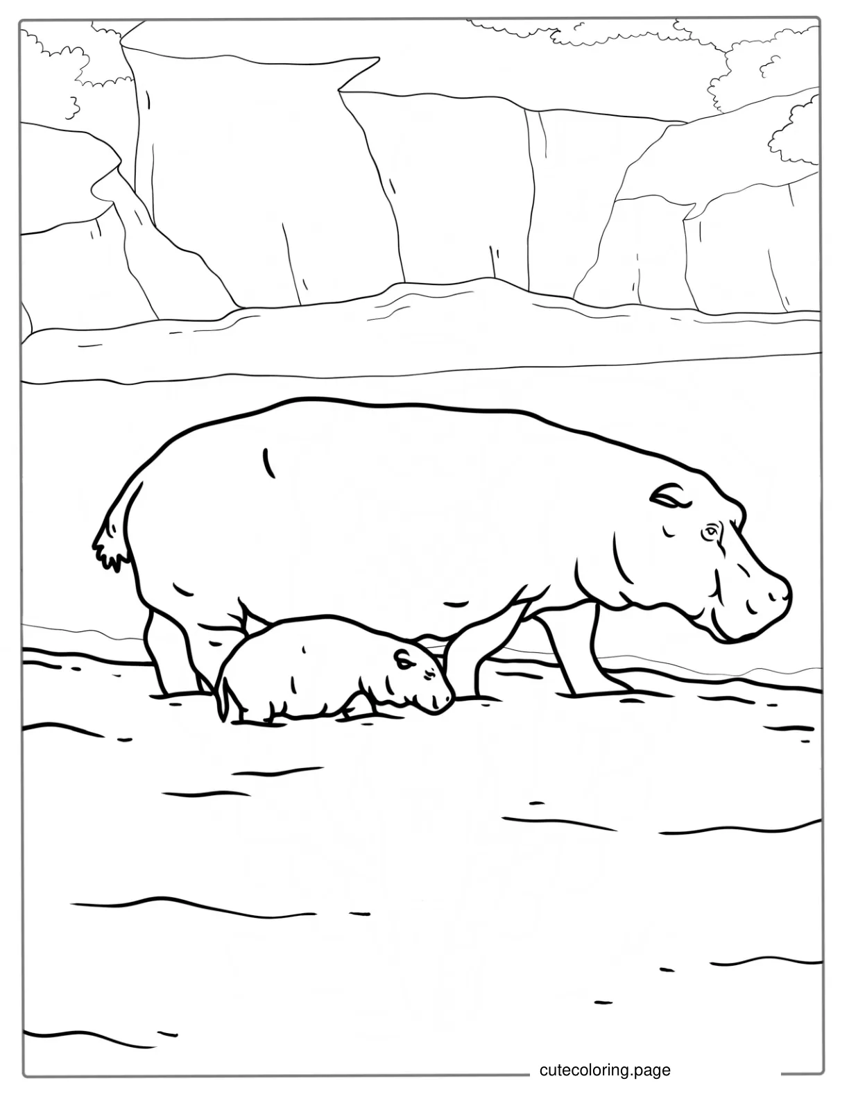 Mother And Baby Hippo To Color coloring page