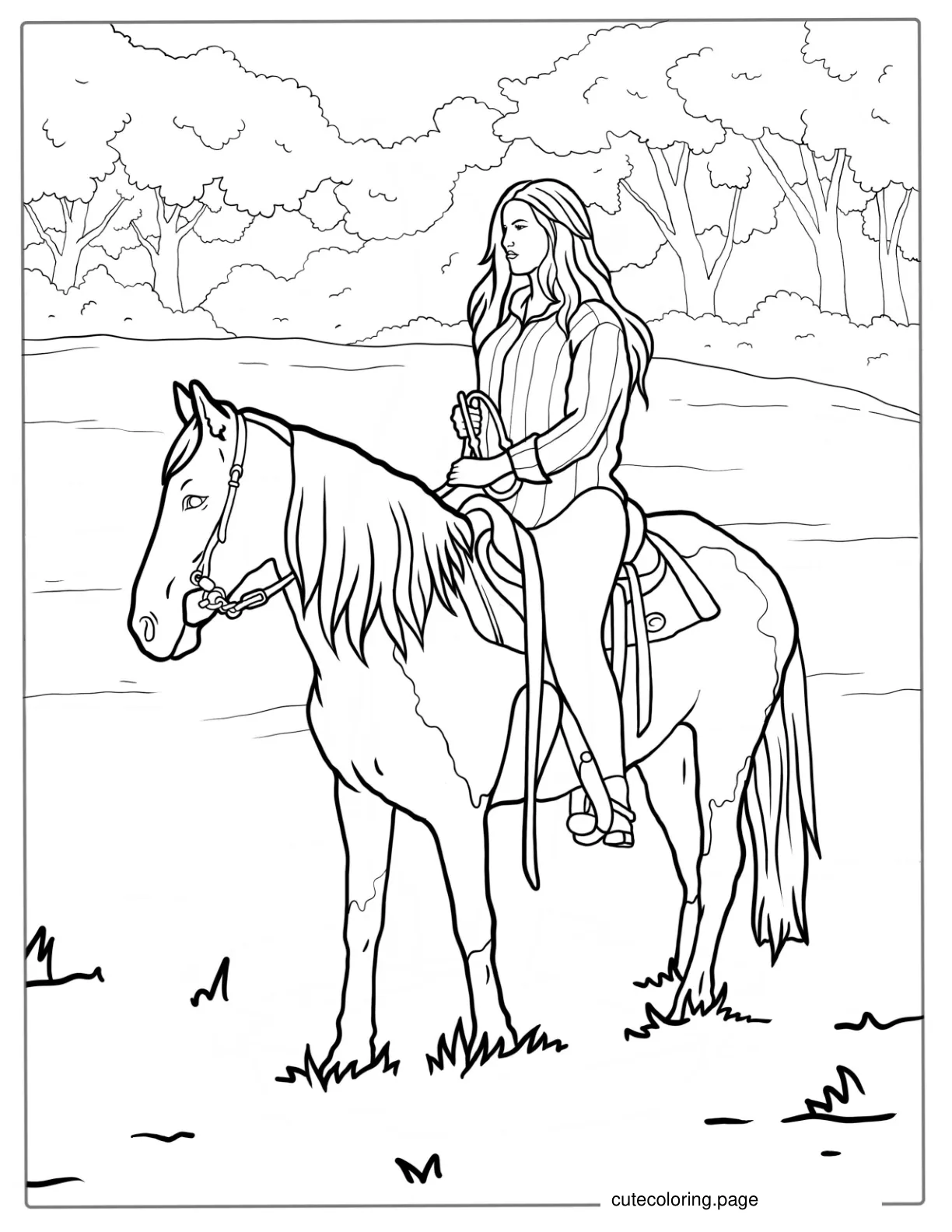 Lady Riding Horse To Color coloring page