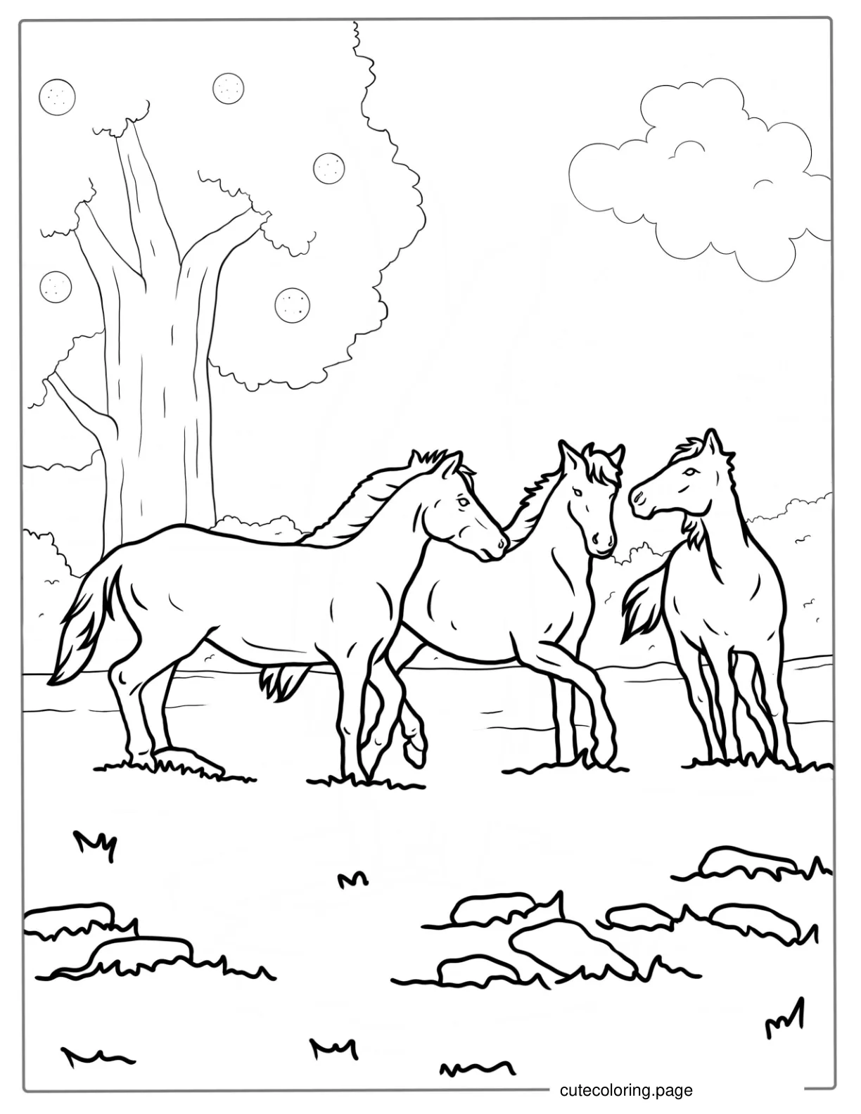 Three Wild Horses Running Together Coloring Page coloring page