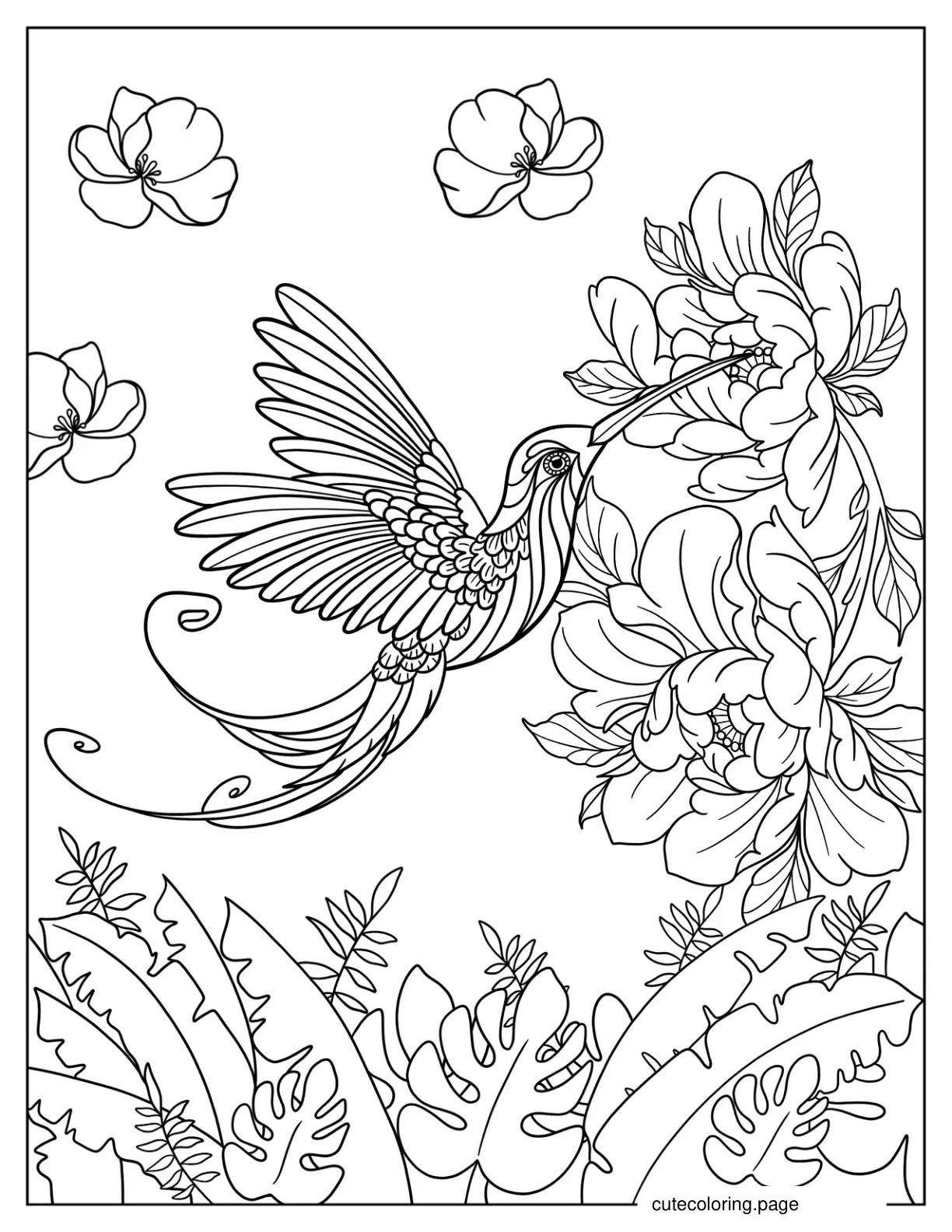 Beautiful Hummingbird With Realistic Flowers coloring page