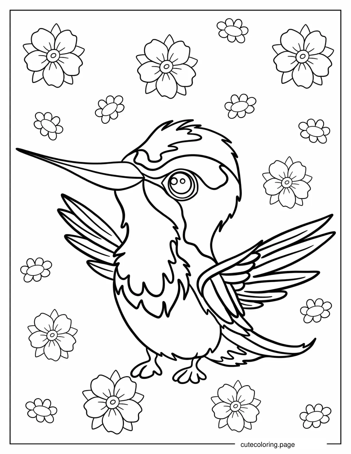 Cute Baby Hummingbird With Flowers coloring page