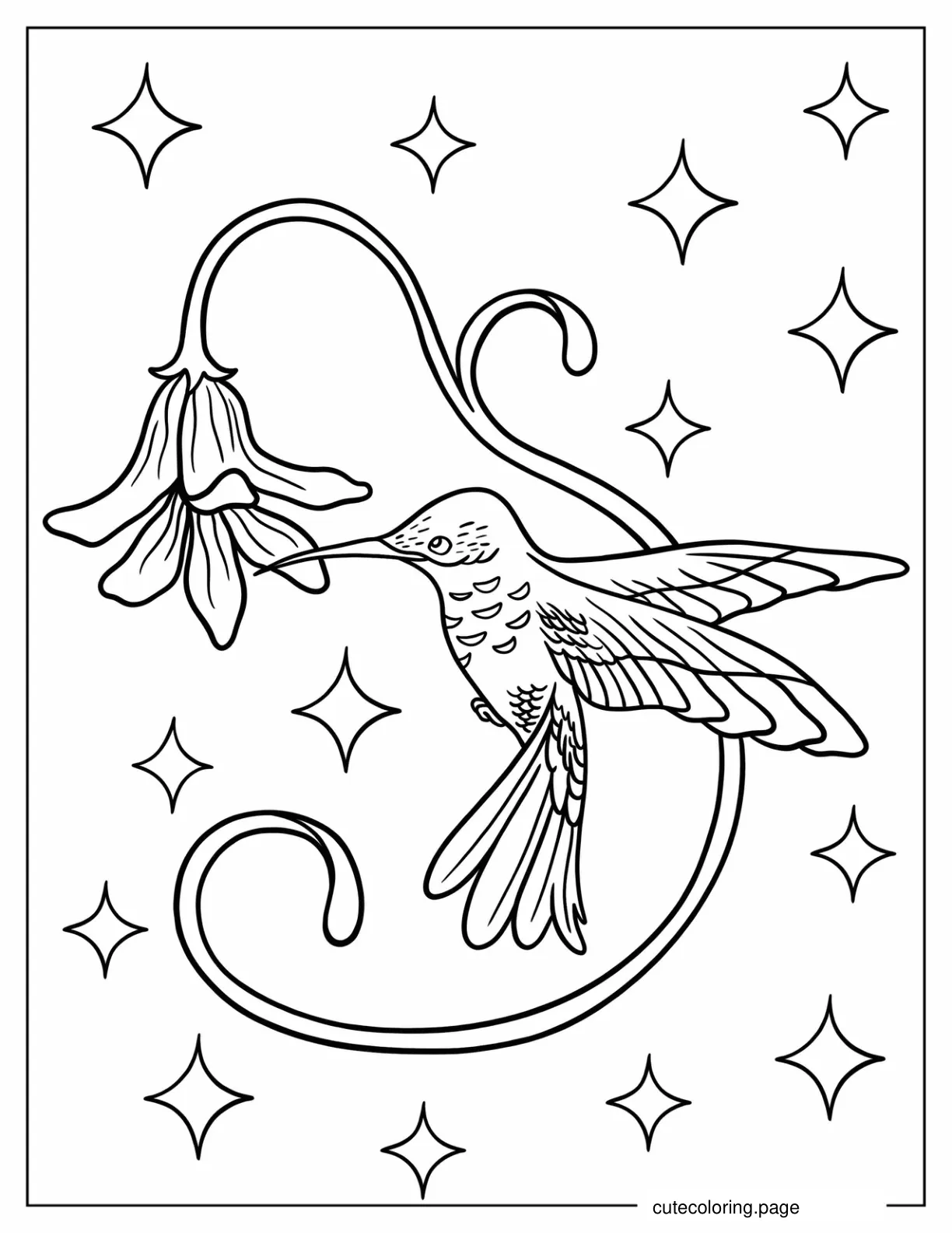 Hummingbird Hovering Near Bell Flower Coloring Sheet coloring page