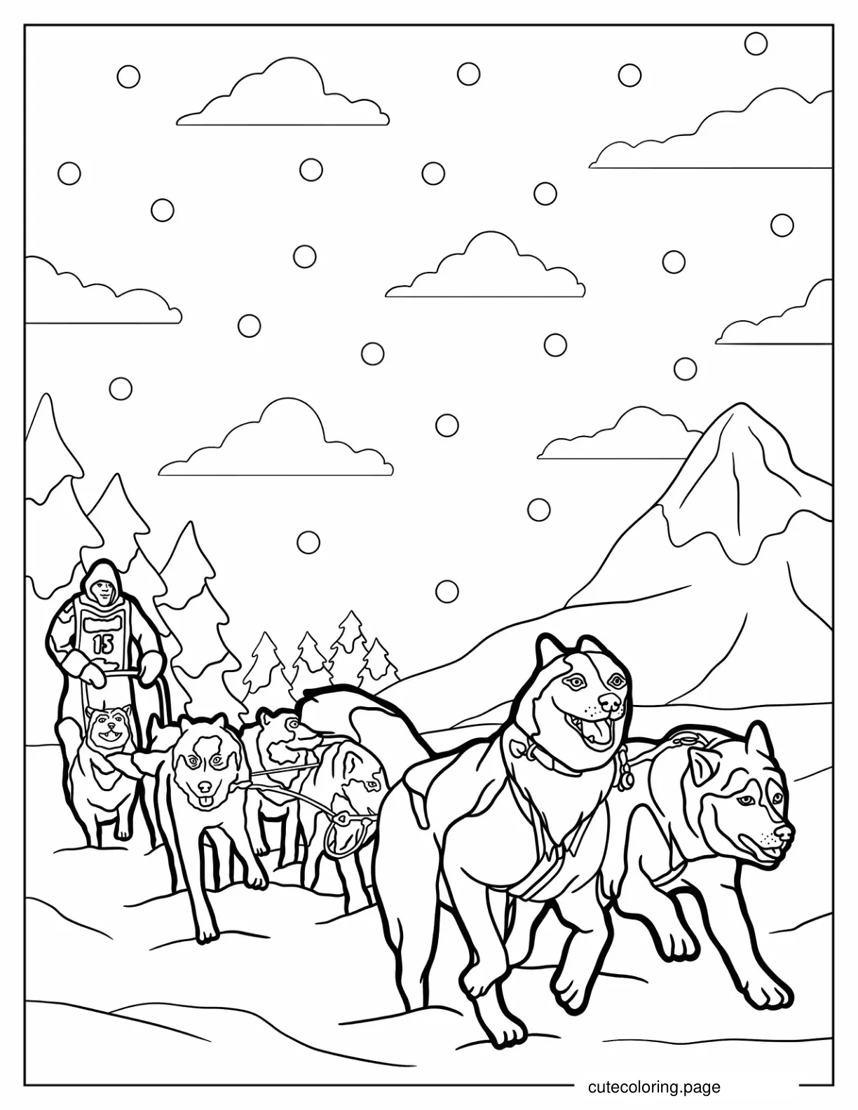 Coloring Page Of Huskies Pulling a Sled coloring page