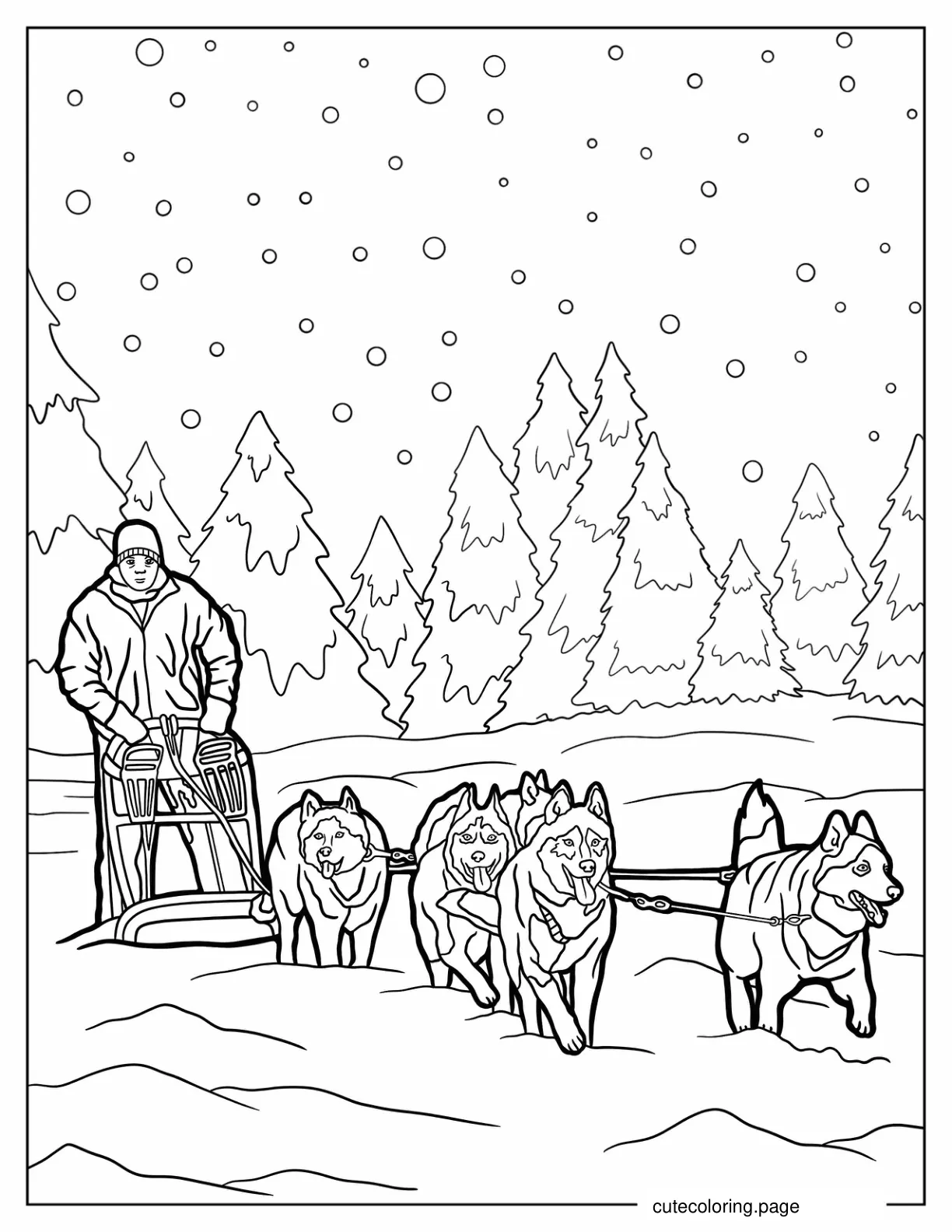 Huskies Pulling a Snow Sled During Winter coloring page