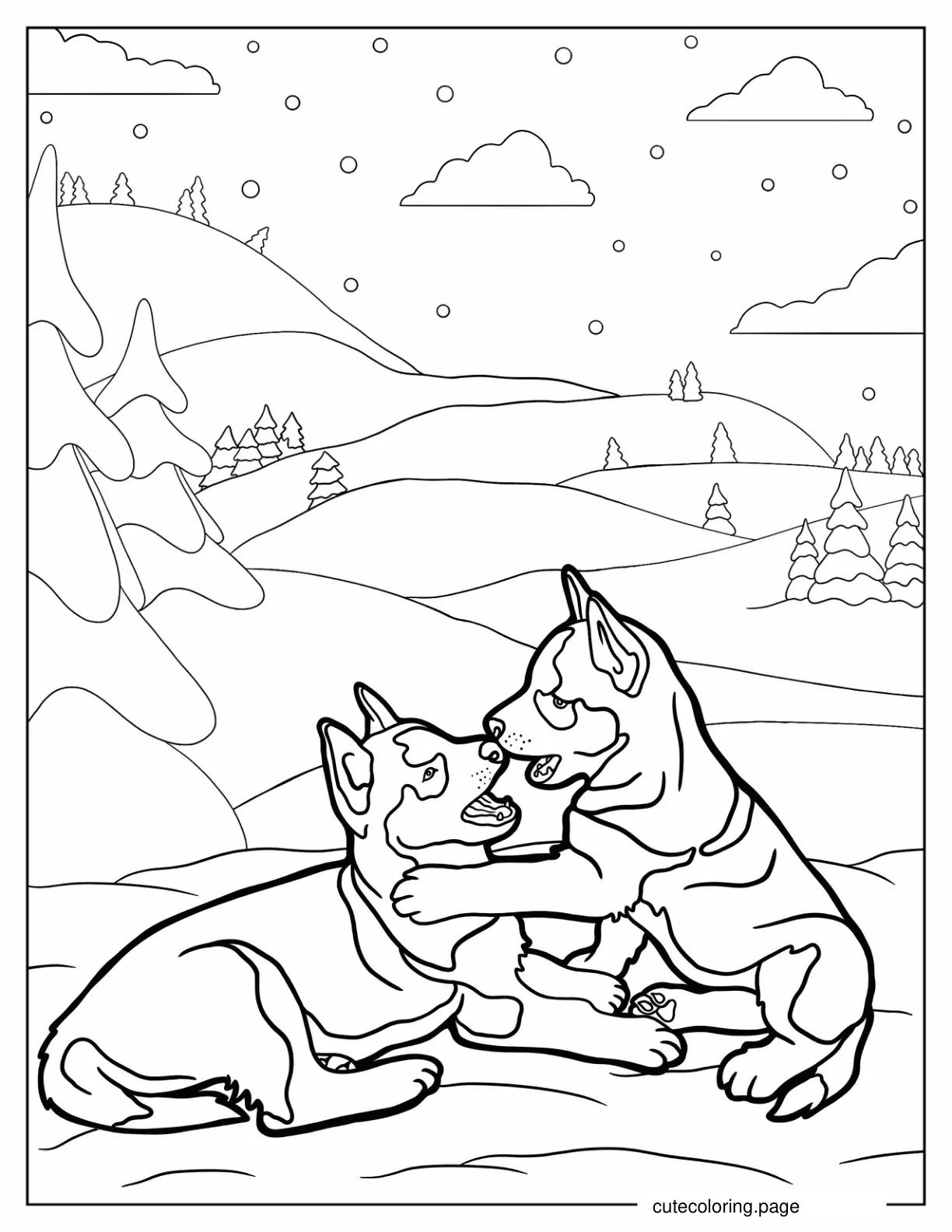 Two Husky Puppies Playing In Snow coloring page