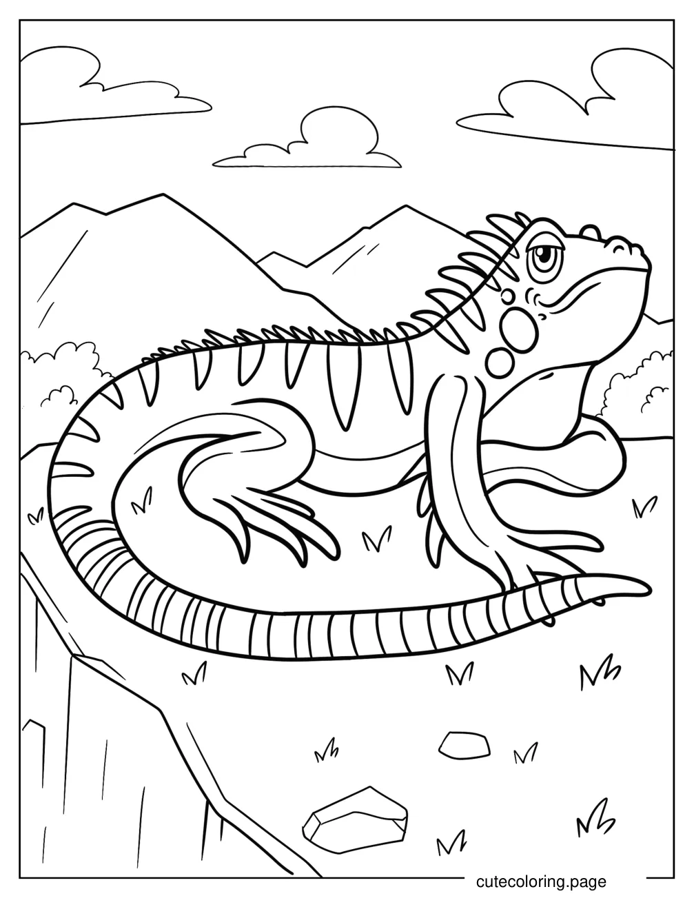 Cartoon Iguana With Spikey Back Resting On Grass Coloring Page coloring page