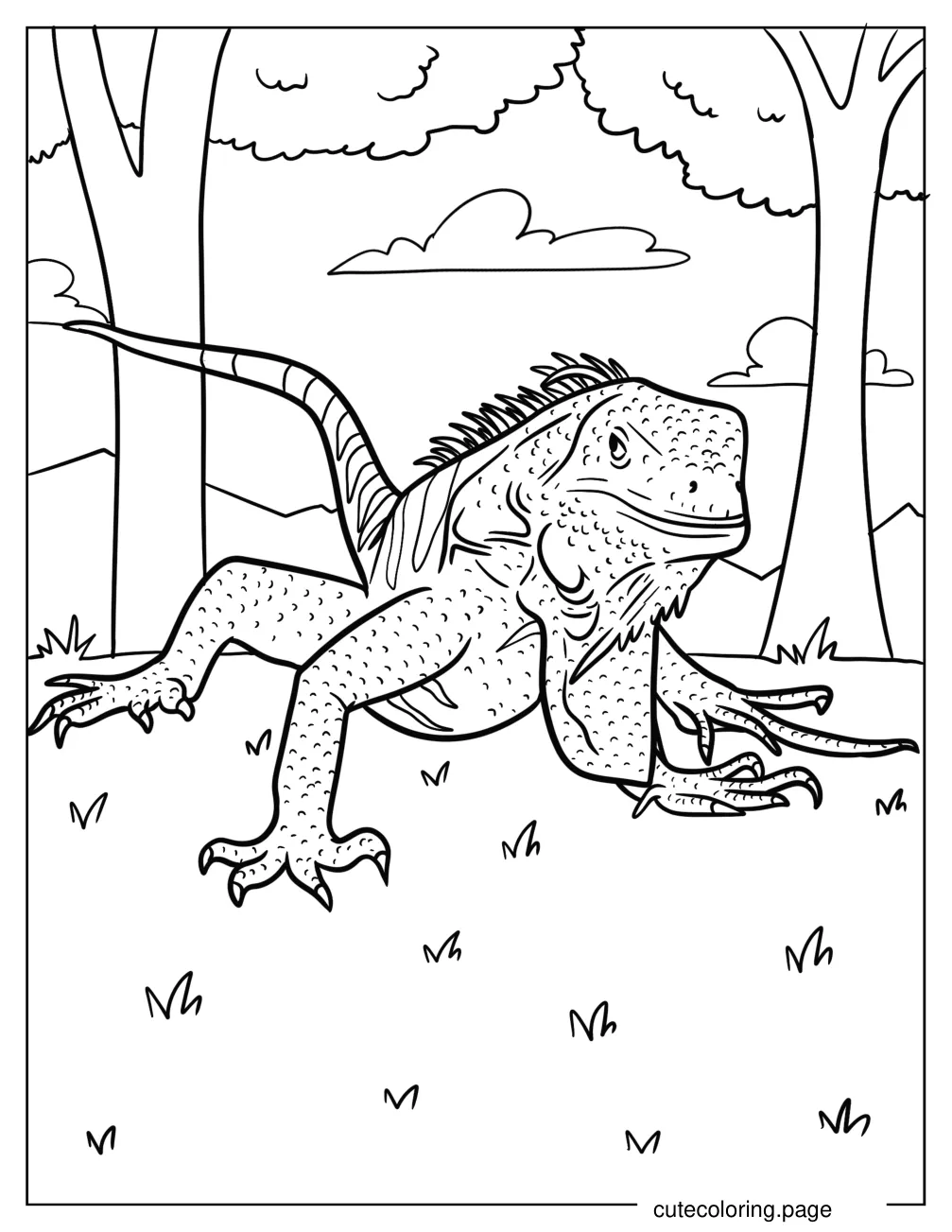 Detailed Iguana On The Grass coloring page