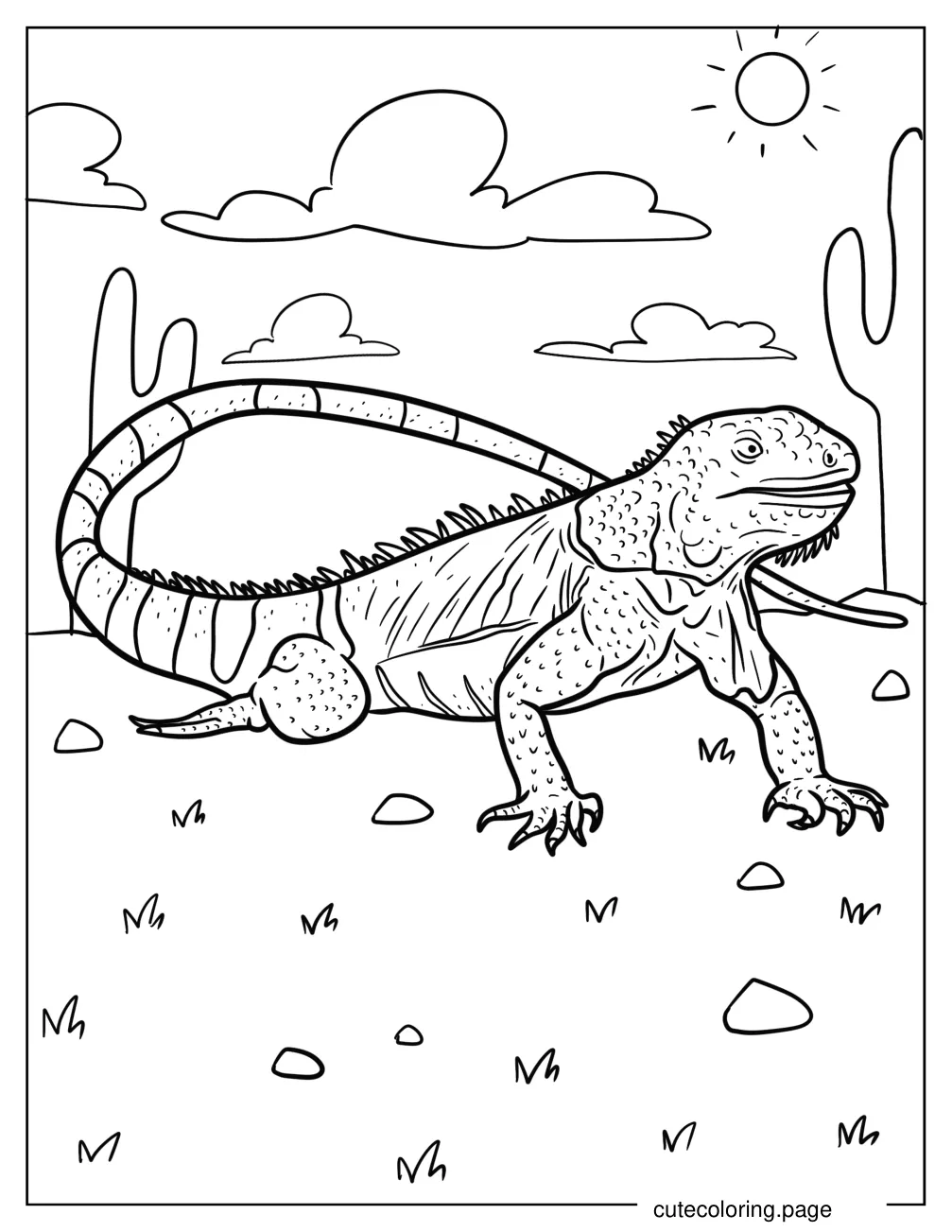 Green Iguana With Striped Tail In The Desert coloring page