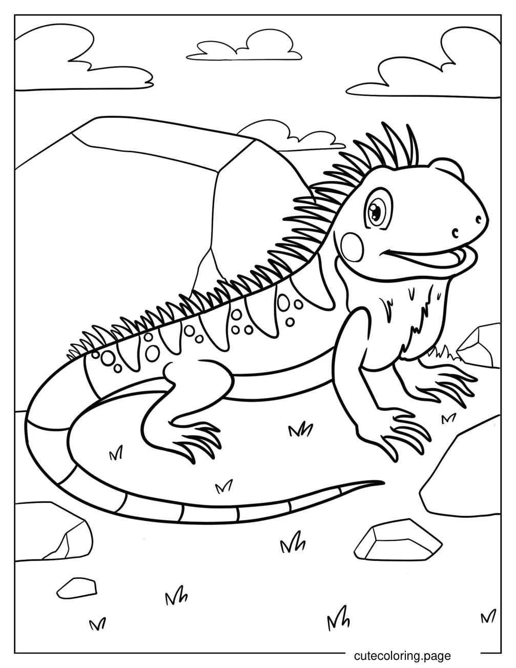 Happy Cartoon Iguana Coloring Sheet For Kids coloring page