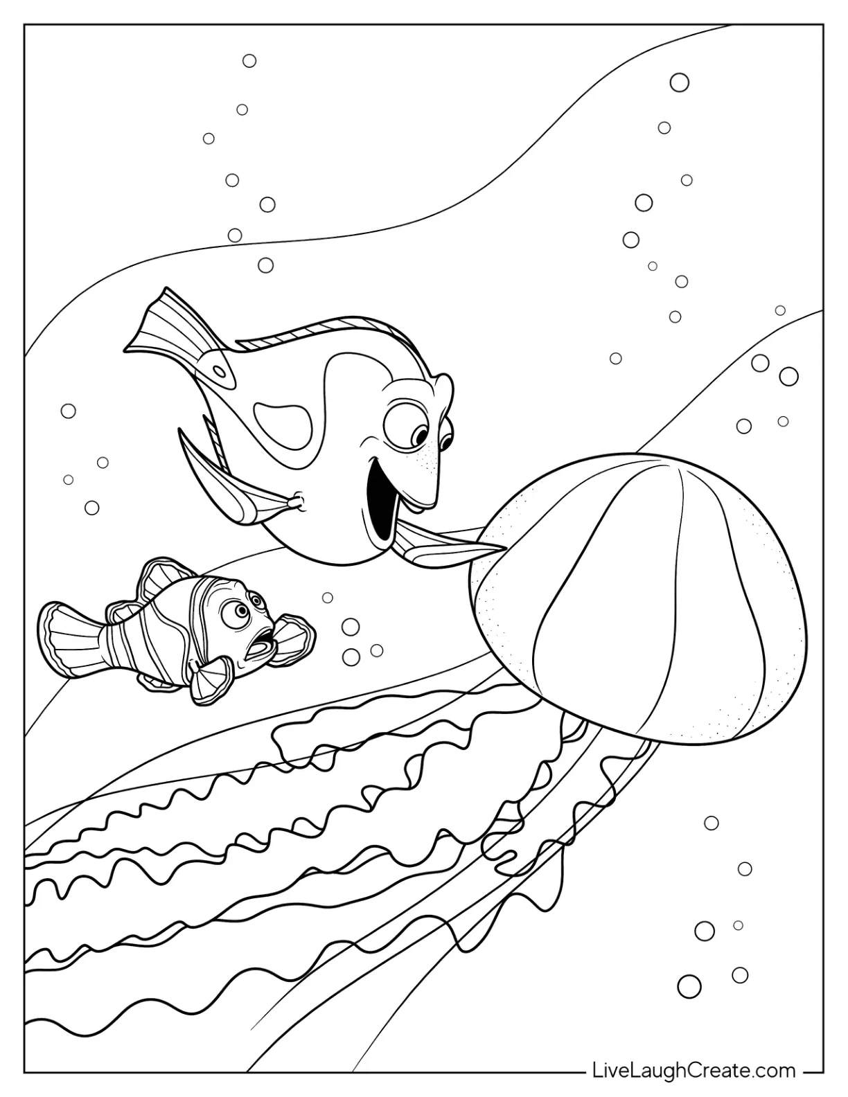 Dory And Marlin Swimming With Jellyfish coloring page