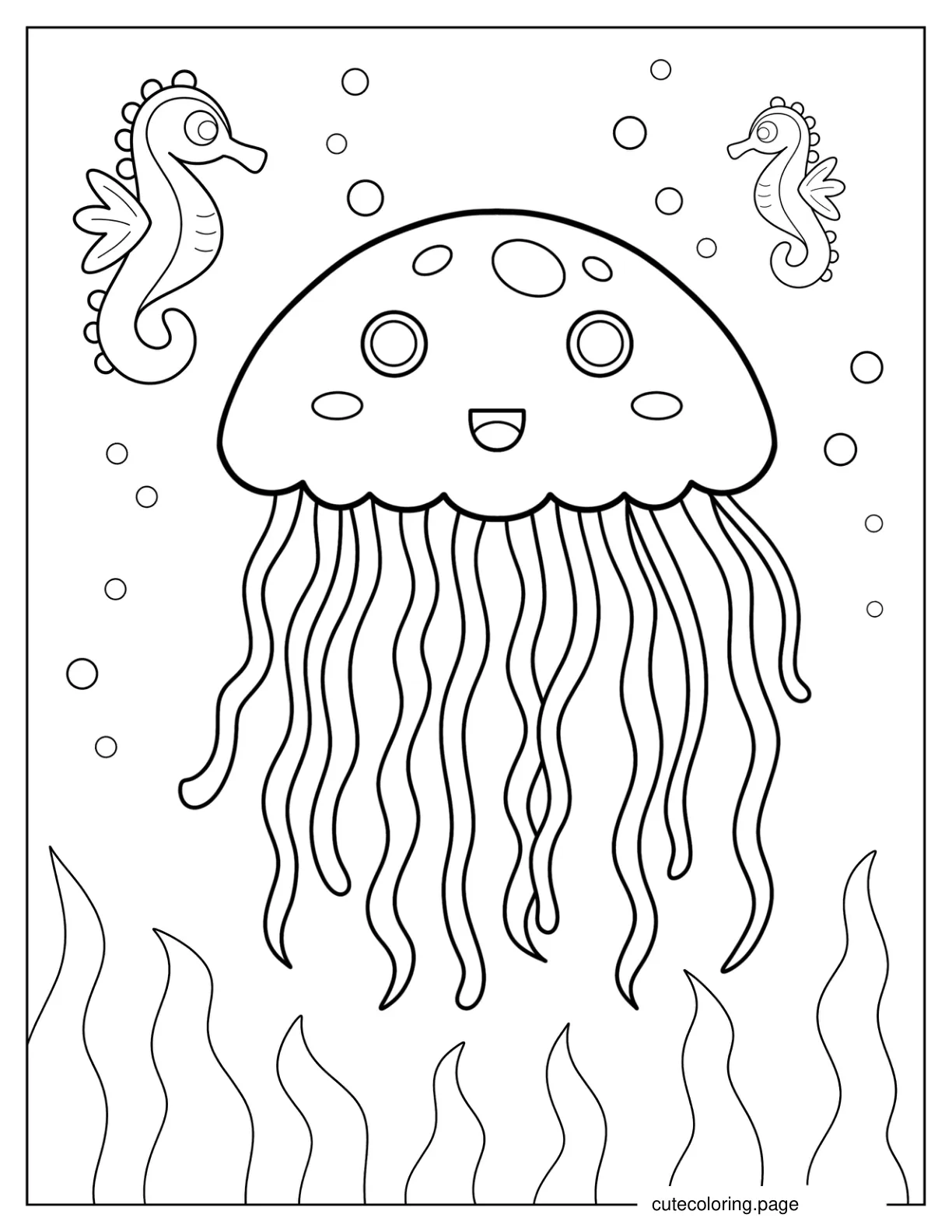 Easy Jellyfish Outline With Seahorse coloring page