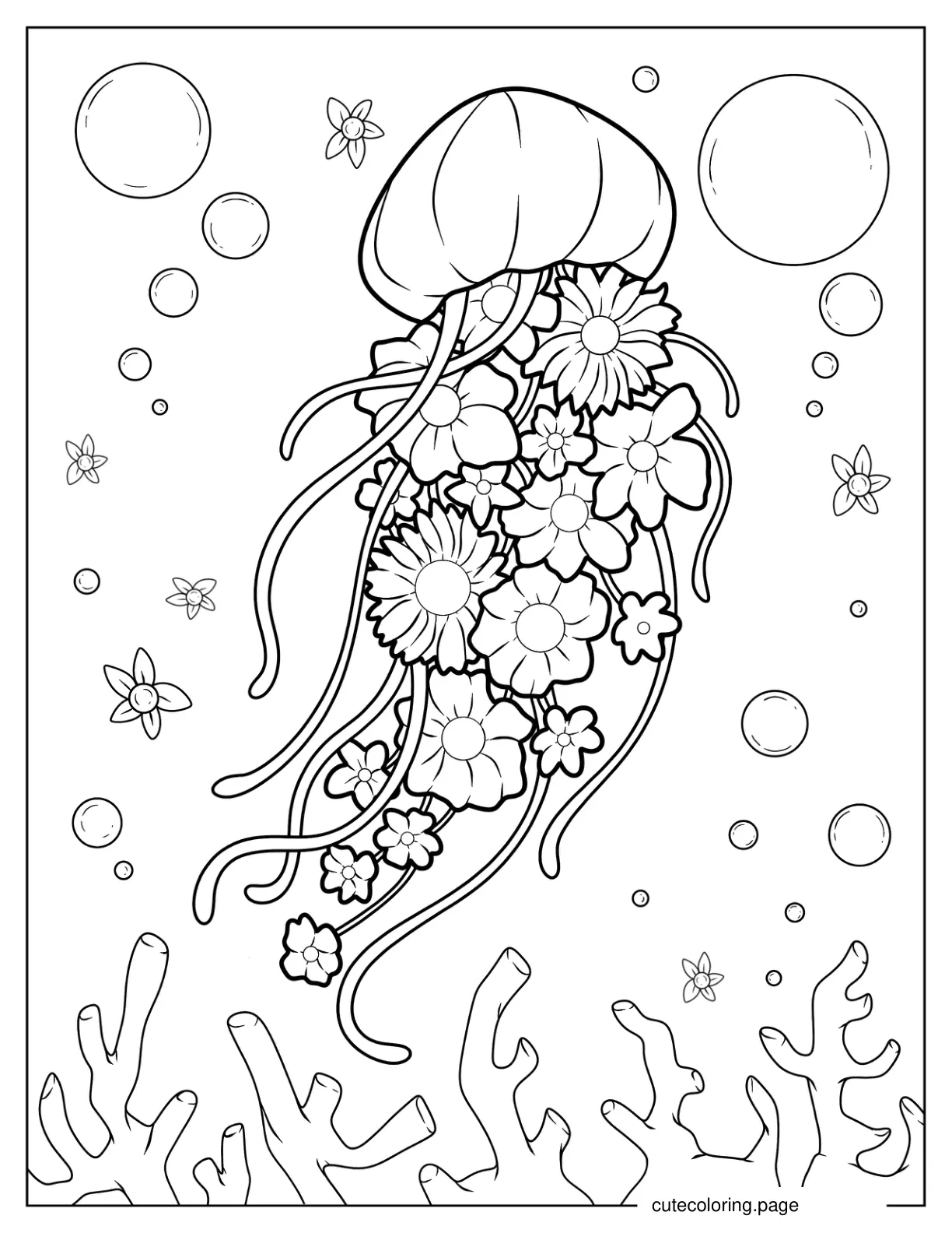 Jellyfish With Flowers On Tentacles Coloring Page coloring page