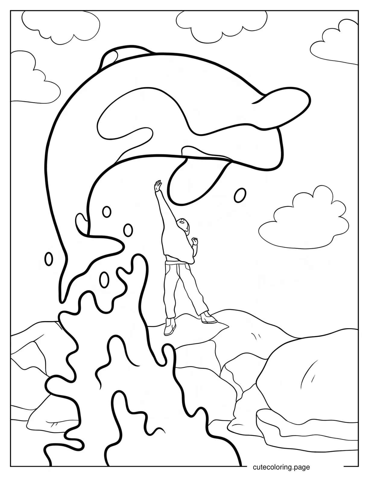 Killer Whale Leaping Above Boy On Rock Coloring Sheet coloring page