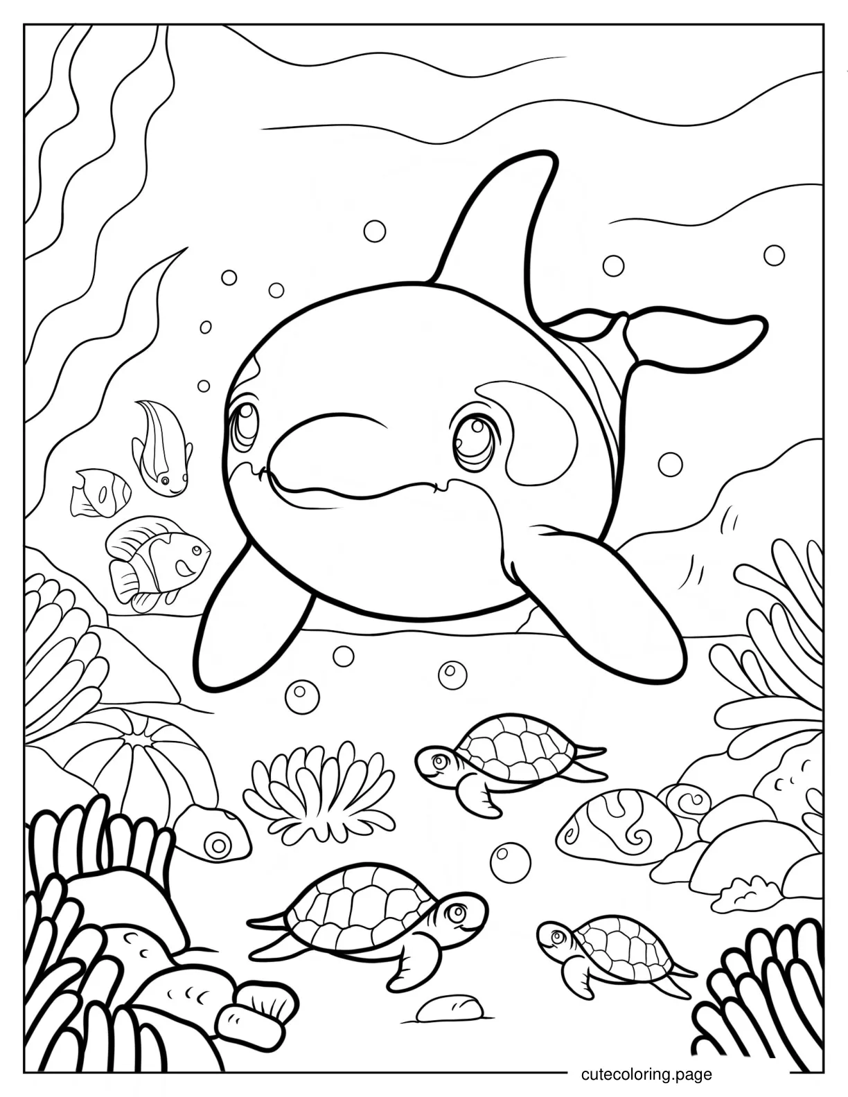 Orca Swimming With Turtle And Fish coloring page