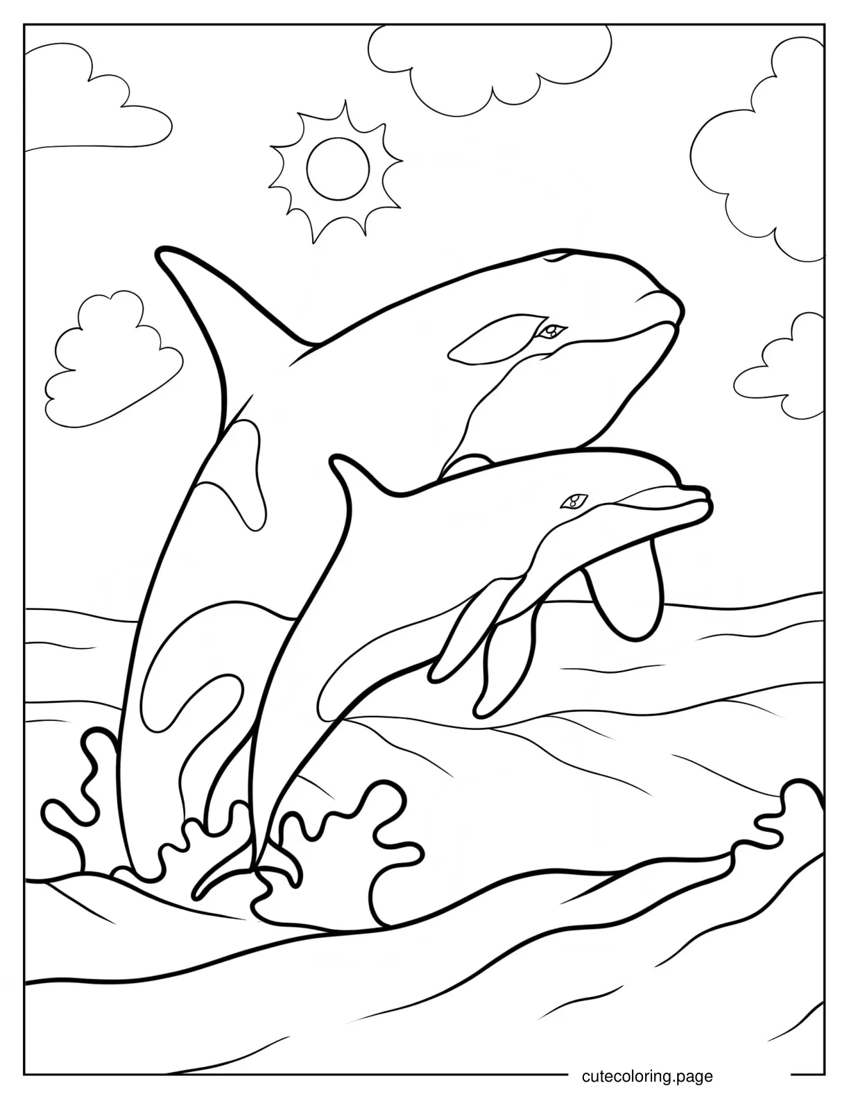 Orca With Dolphin Leaping Out Of The Sea coloring page