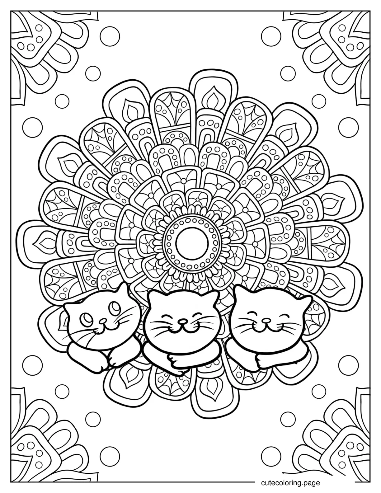 Coloring Page Of Three Kitten In Front Of Flower Mandala coloring page