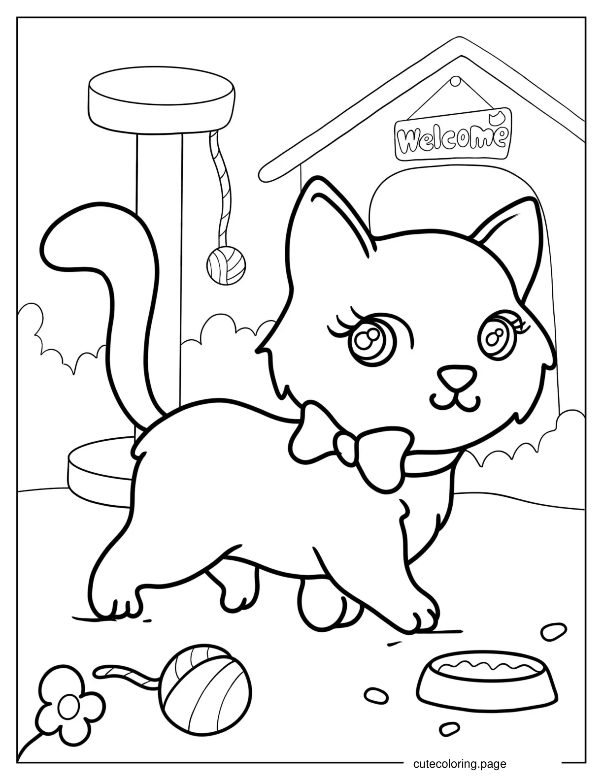 Furry Girl Kitten With Bow coloring page