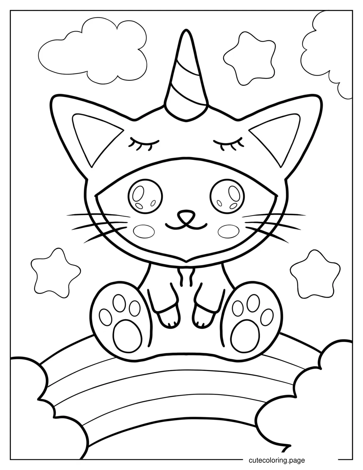 Kitten In Unicorn Costume Sitting On Rainbow Coloring Sheet coloring page