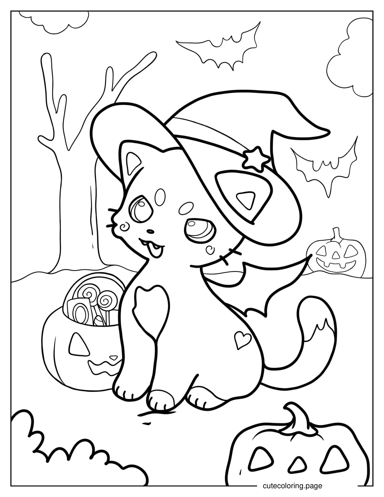 Kitten Wearing Witch_s Hat On Halloween Coloring Sheet coloring page