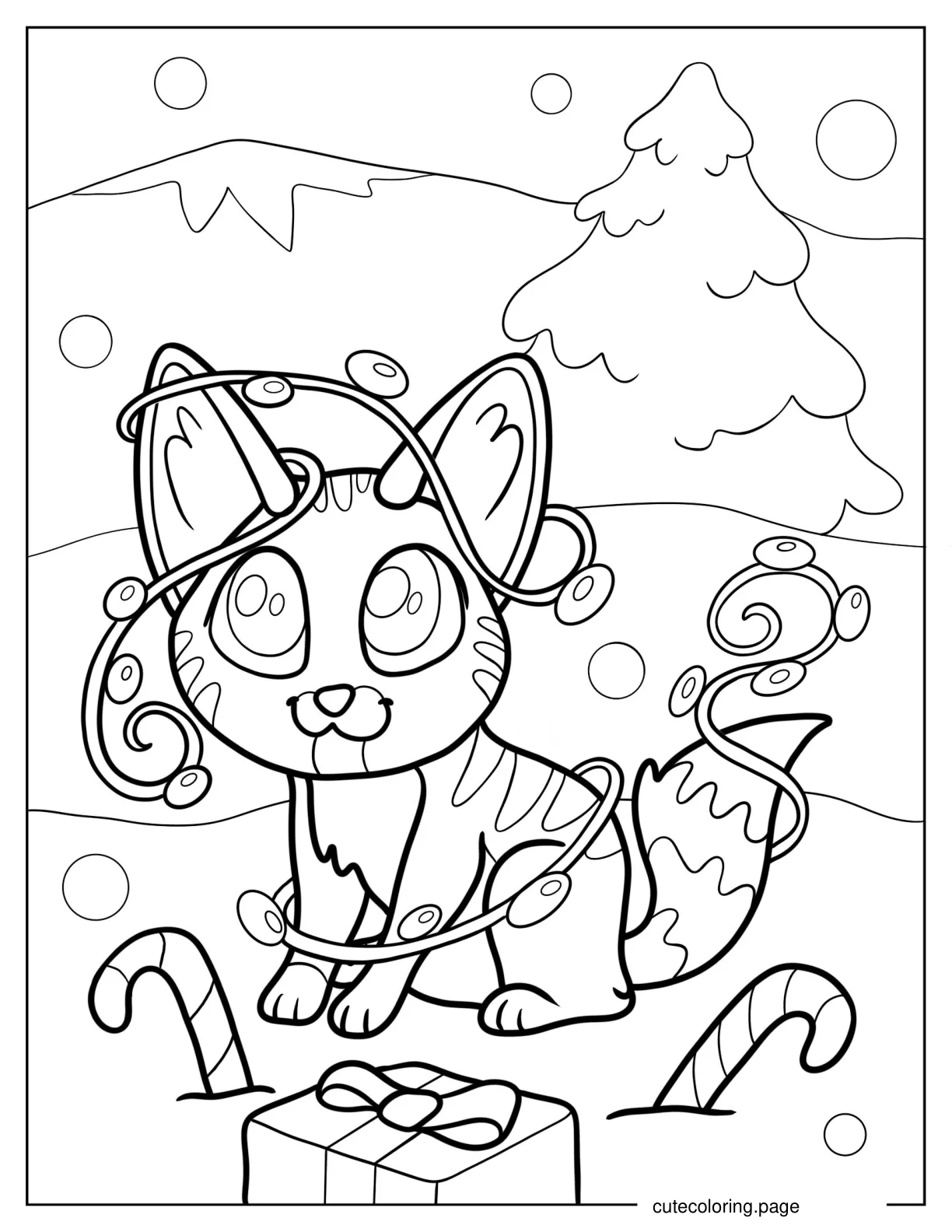 Kitten Wrapped In Christmas Lights Coloring Page coloring page