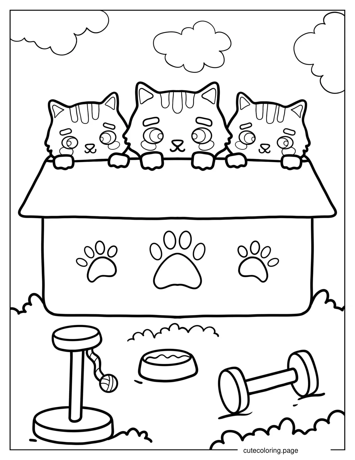 Three Cartoon Kitten On Roof Of Pet House coloring page