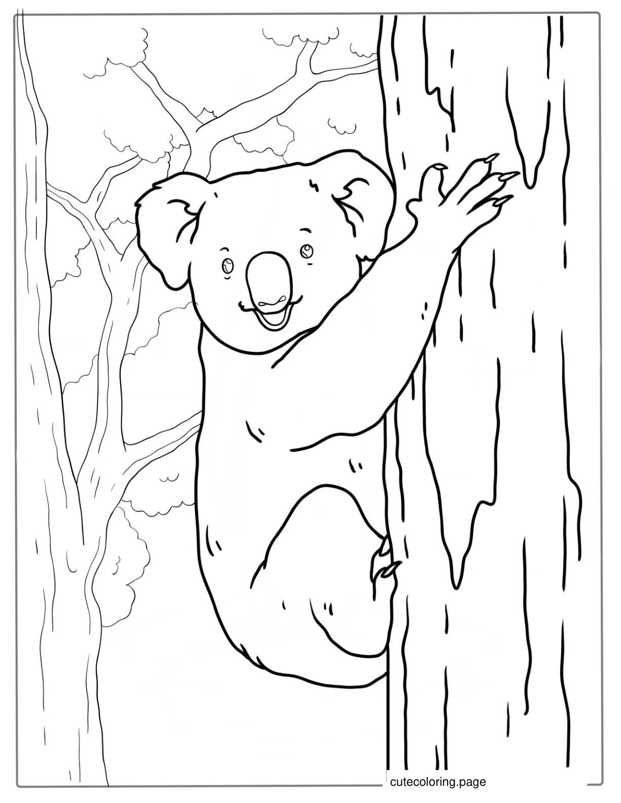 Smiling Koala Climbing Gum Tree coloring page