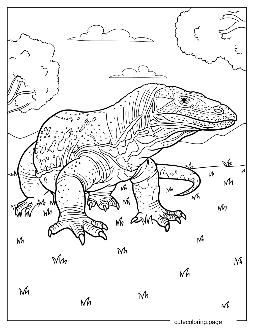 Old Komodo Dragon Crawling On Grass Coloring Sheet coloring page