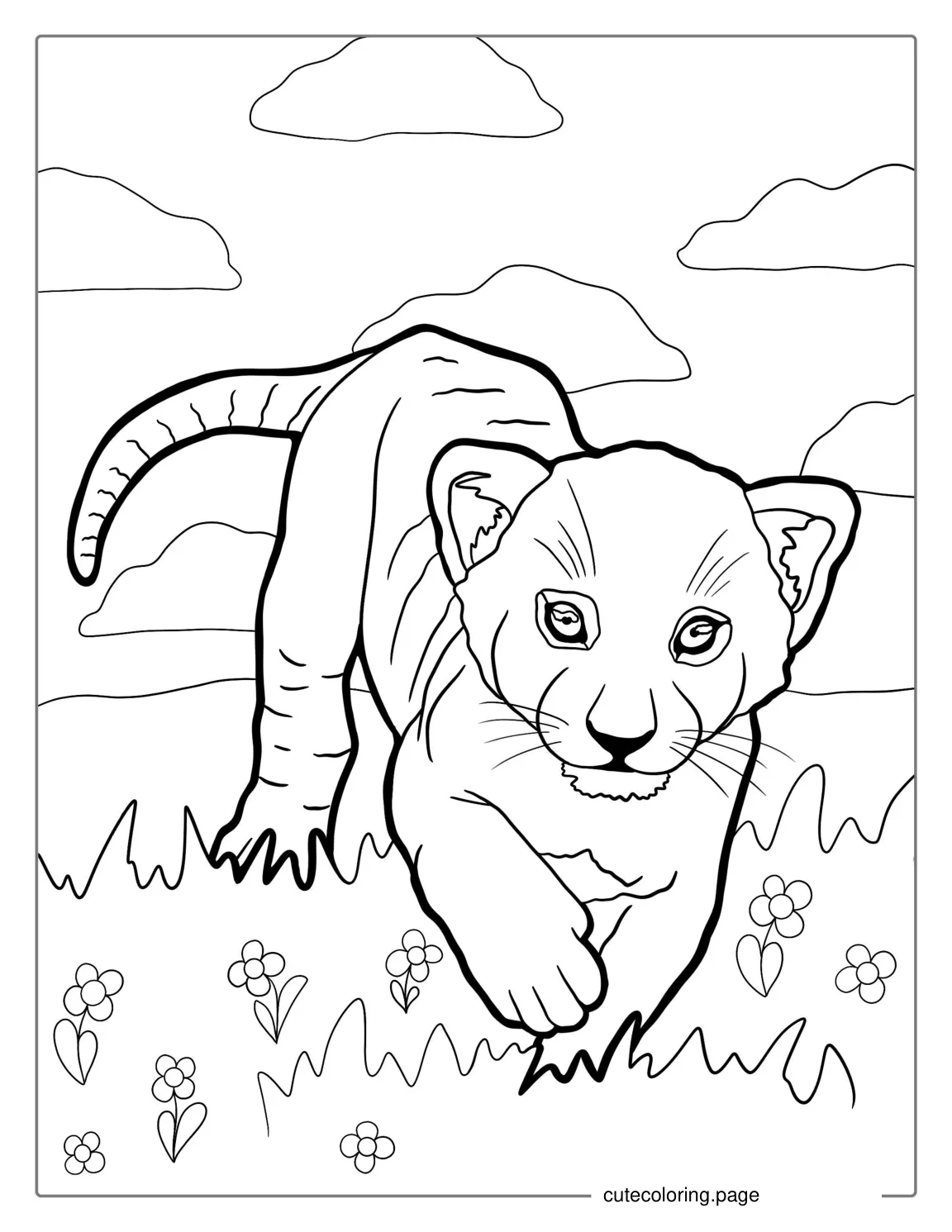 Lion Cub Running In Grass coloring page