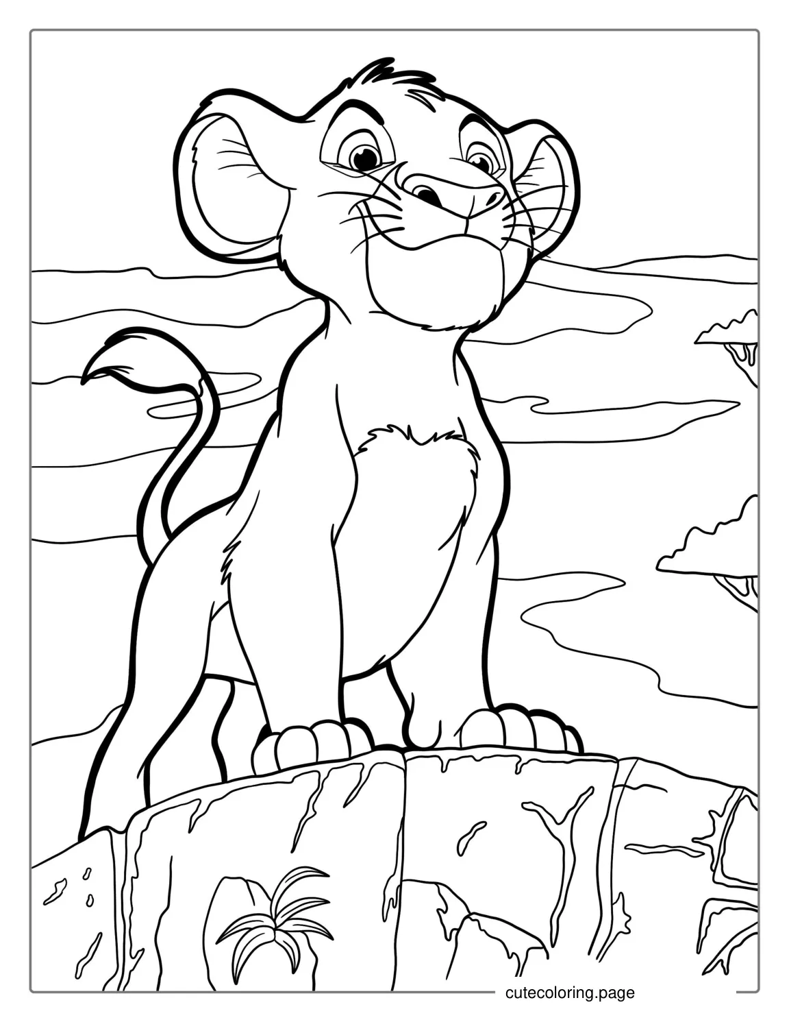 Simba Standing On Pride Rock Coloring For Kids coloring page