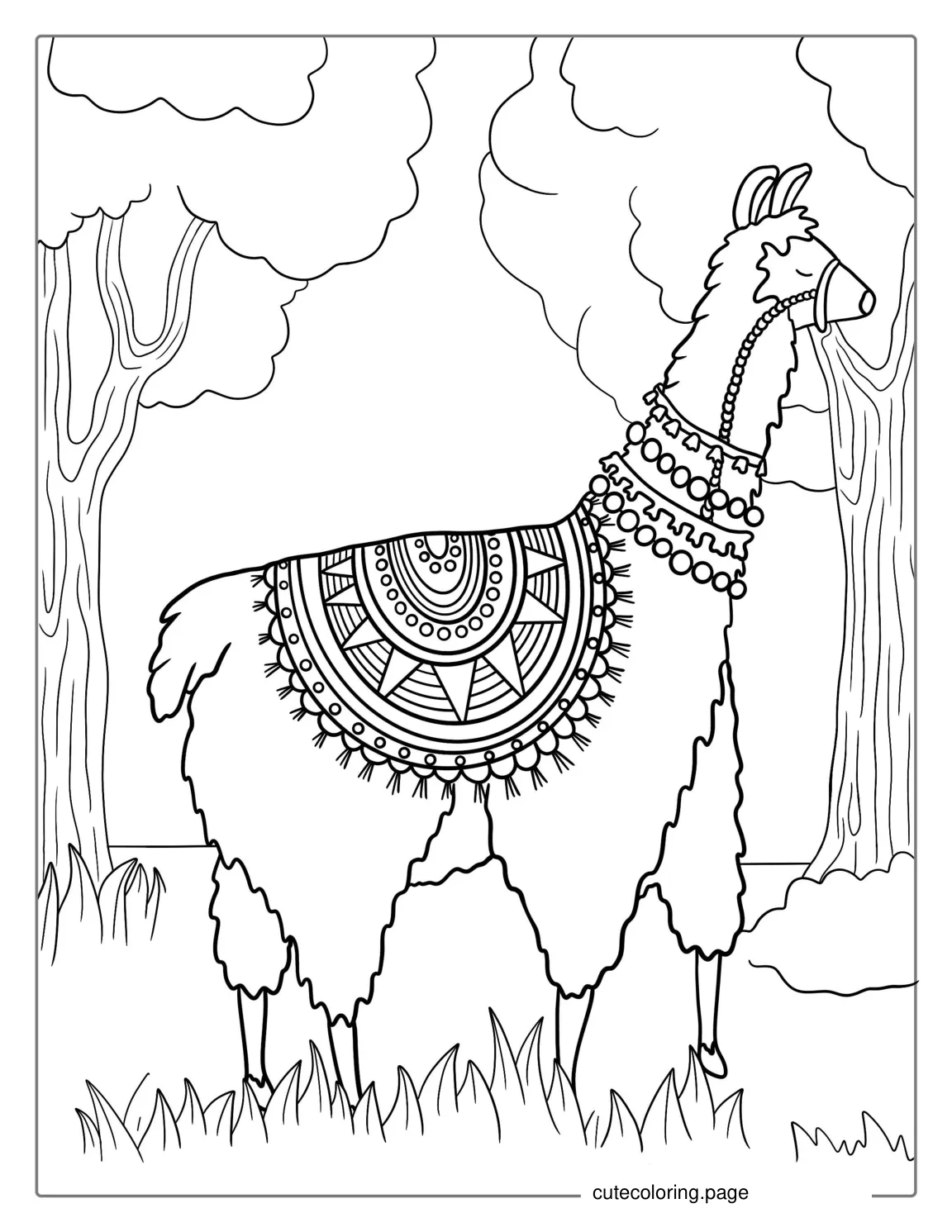 Realistic Llama Wearing Columbian Saddle 1 coloring page