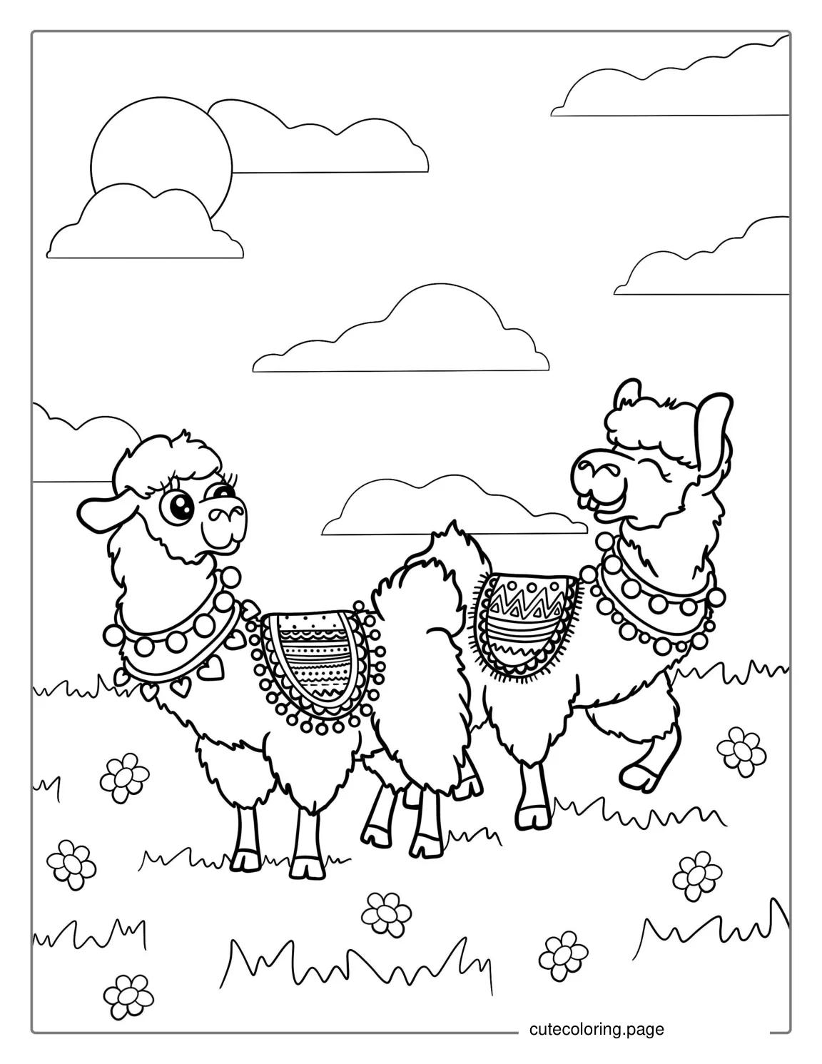 Two Cute Llamas In Field Of Flowers 1 coloring page