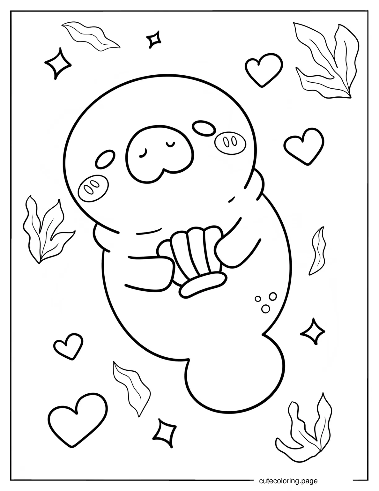 Cute Chibi Manatee Holding A Seashell Coloring Sheet For Preschoolers coloring page