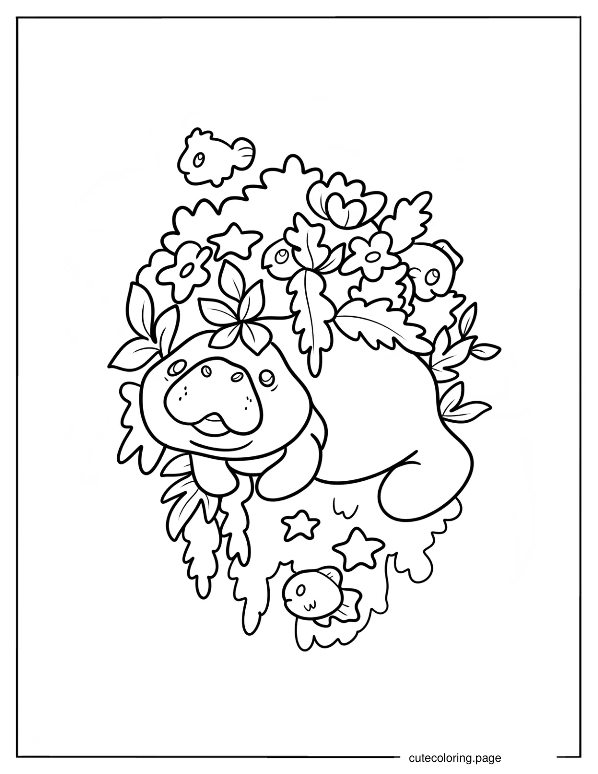 Manatee With Seaweed And Fish Coloring Sheet For Kids coloring page