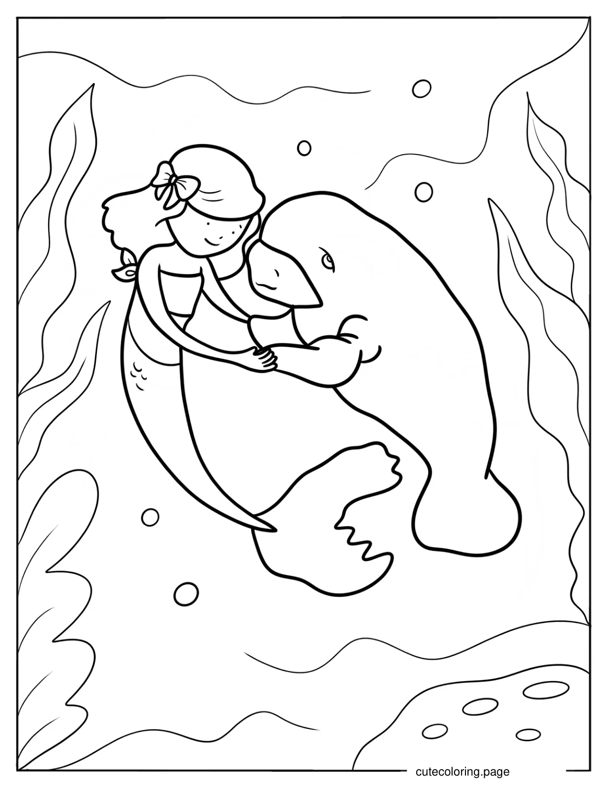 Mermaid Swimming With A Manatee Coloring Sheet coloring page