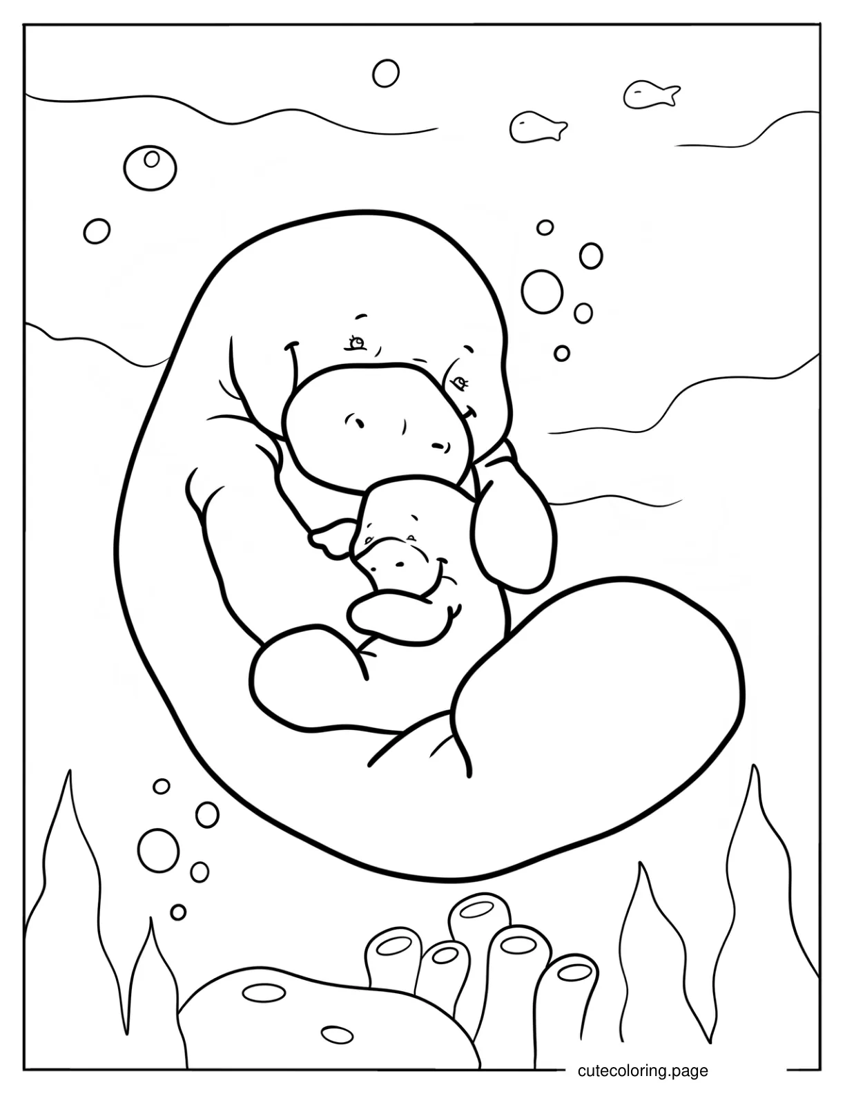 Mother Manatee Hugging Her Baby Coloring Page coloring page