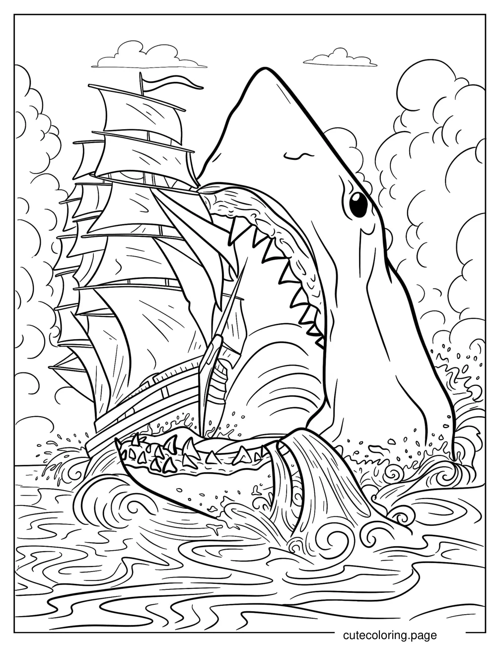 Megalodon Attacking A Large Ship coloring page