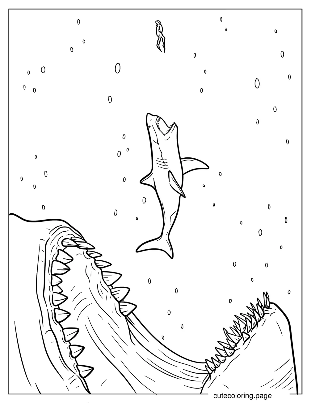 Megalodon Chasing A Shark That Is Chasing A Diver Coloring Page coloring page